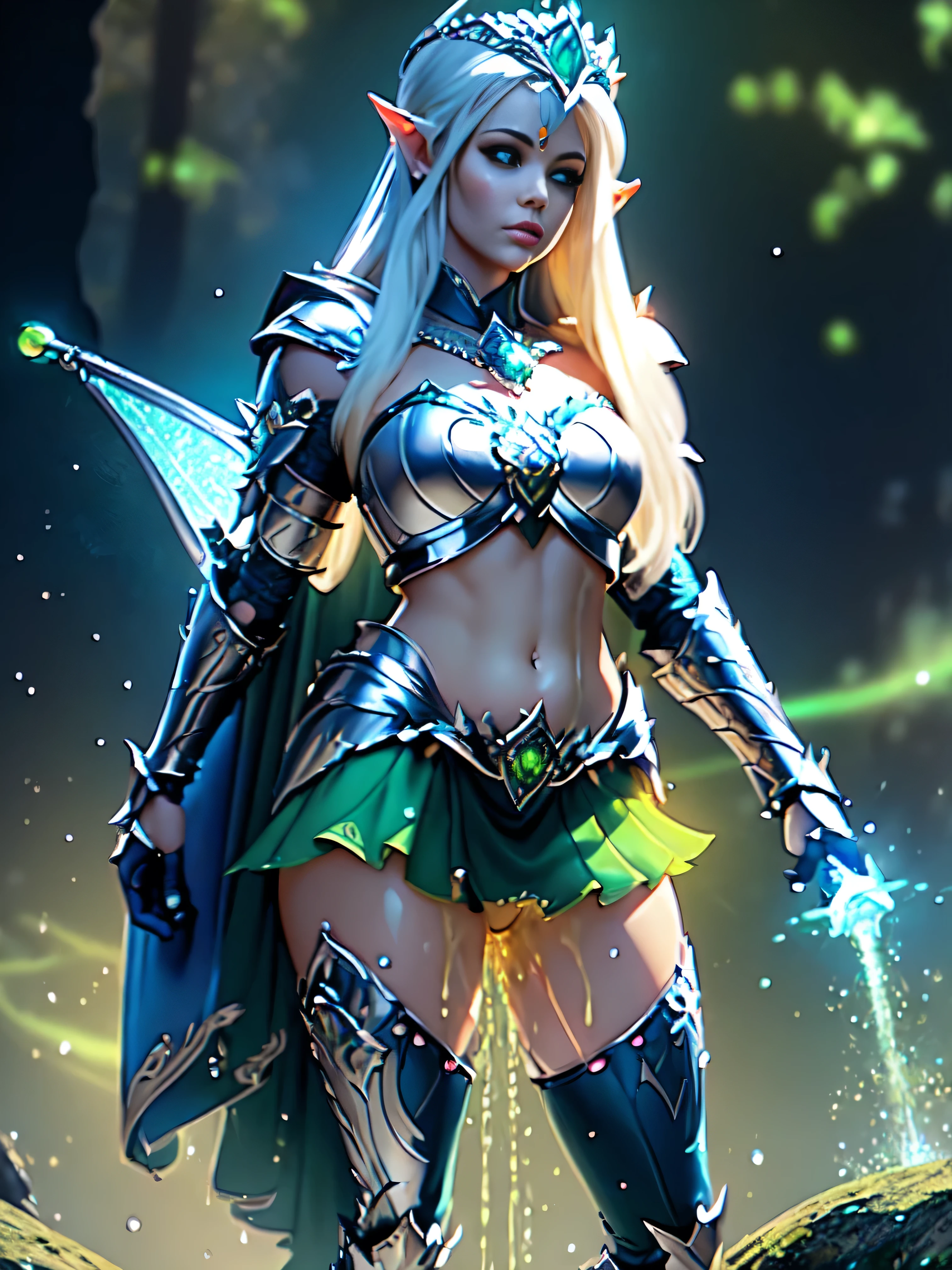 (masterpiece, clean, 8K, high res), pov, from front, full body portrait of a beautiful woman, extremely detailed face, slender body, narrow waist, bright golden hair, small breasts,  wearing intricate green and white armor, (chest armor) , elven torso armor, (green mini skirt), belt, cape, (silver tiara with glowing blue gems:1.5) ,  , (legs apart), (showing panties:1.1)、(lifted skirt:1.2) , (white panties:1.3),  (standing on a rock: 1.2)、(peeing self:1.5), (pee running down legs), wet panties, wet pants, (pee spray falling between legs:1.5), (pee puddle:1.2), (droplets of yellow liquid on thighs and panties:1.5), (stream of yellow liquid falling between legs starting at subject crouch, (super beautiful)、(beautiful face:1.5), sunset lighting, deep shadows, mountain forest background,  an elven ranger with no bladder control 