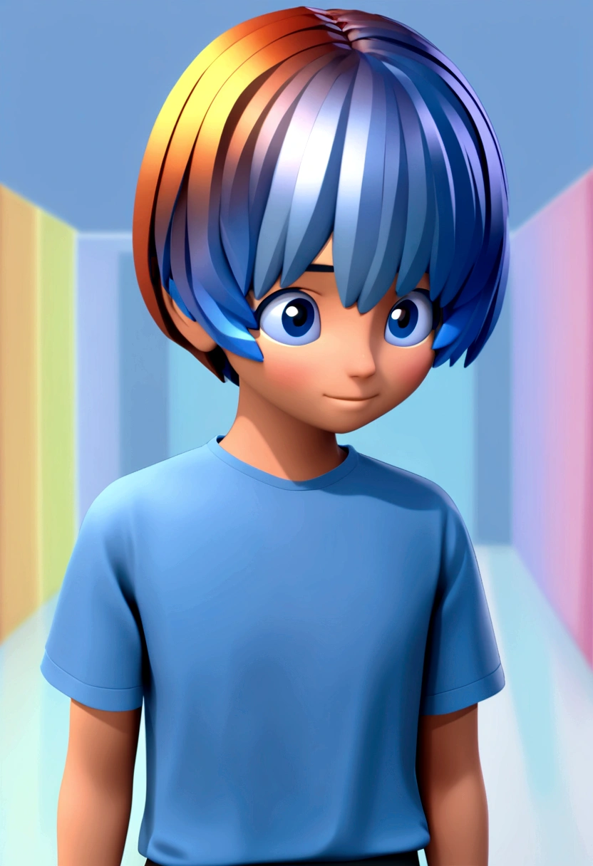 Generate a 3D avatar in Pixar style of a computer technician. The character should wear a plain blue shirt and have short hair combed to the side.
