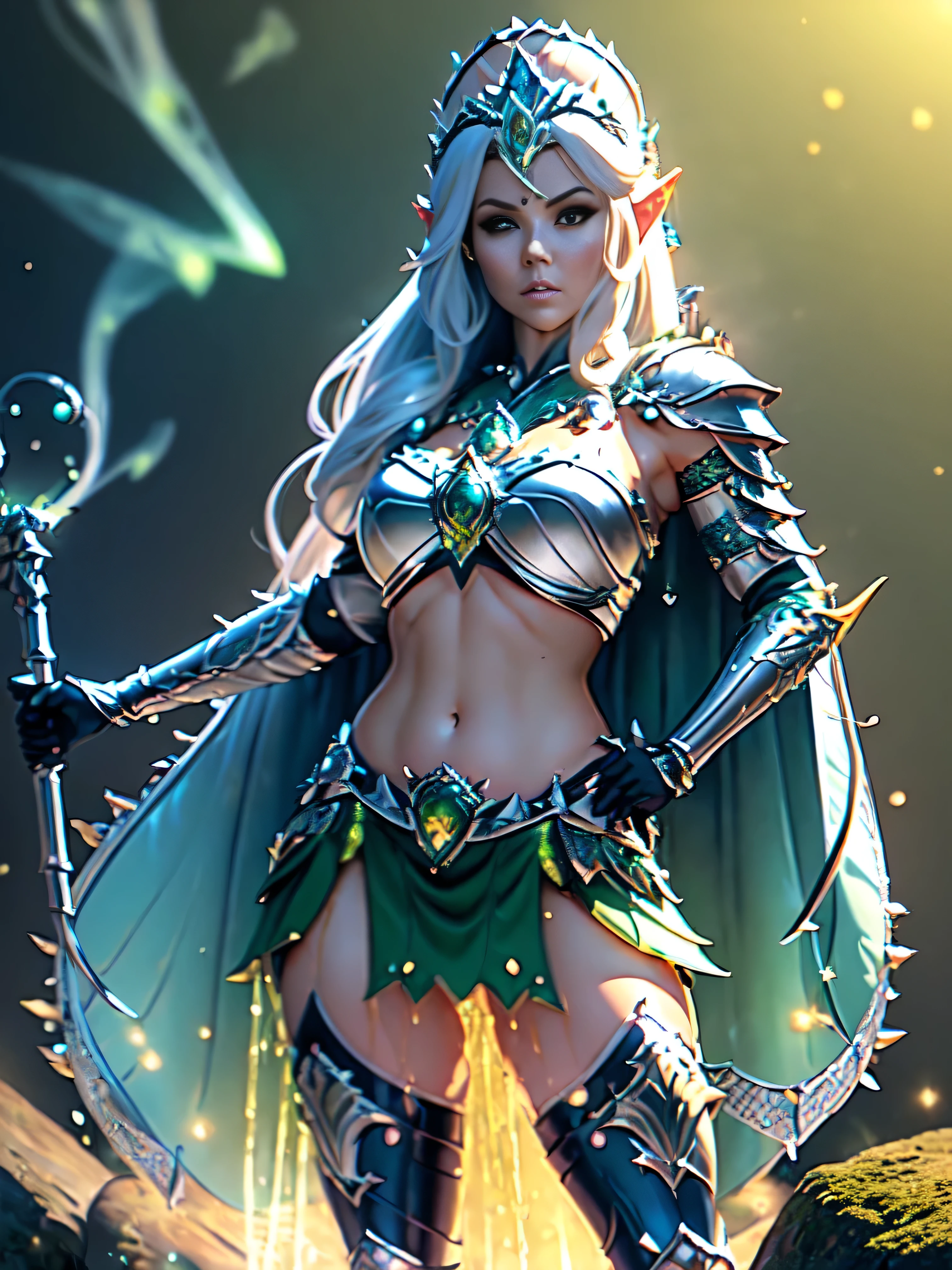 (masterpiece, clean, 8K, high res), pov, from front, full body portrait of a beautiful woman, extremely detailed face, slender body, narrow waist, bright golden hair, small breasts,  wearing intricate green and white armor, (chest armor) , elven torso armor, (green mini skirt), belt, cape, (silver tiara with glowing blue gems:1.5) ,  , (legs apart), (showing panties:1.1)、(lifted skirt:1.2) , (white panties:1.3),  (standing on a rock: 1.2)、(peeing self:1.5), (pee running down legs), wet panties, wet pants, (pee spray falling between legs:1.5), (pee puddle:1.2), (droplets of yellow liquid on thighs and panties:1.5), (stream of yellow liquid falling between legs starting at subject crouch, (super beautiful)、(beautiful face:1.5), sunset lighting, deep shadows, mountain forest background,  an elven ranger with no bladder control 