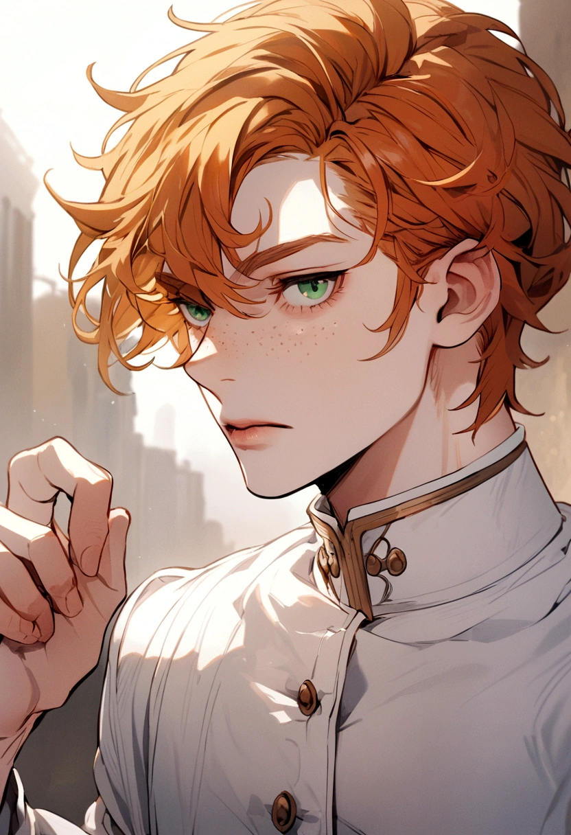 White skin, green eyes, ginger hair and freckles. Male