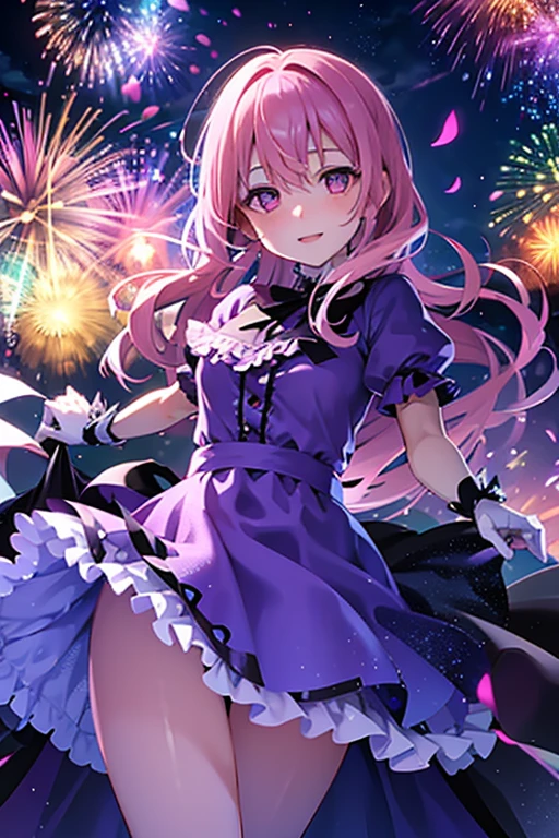 A pink haired woman with violet eyes with an hourglass figure in a frilly summer dress is spinning in front of fireworks