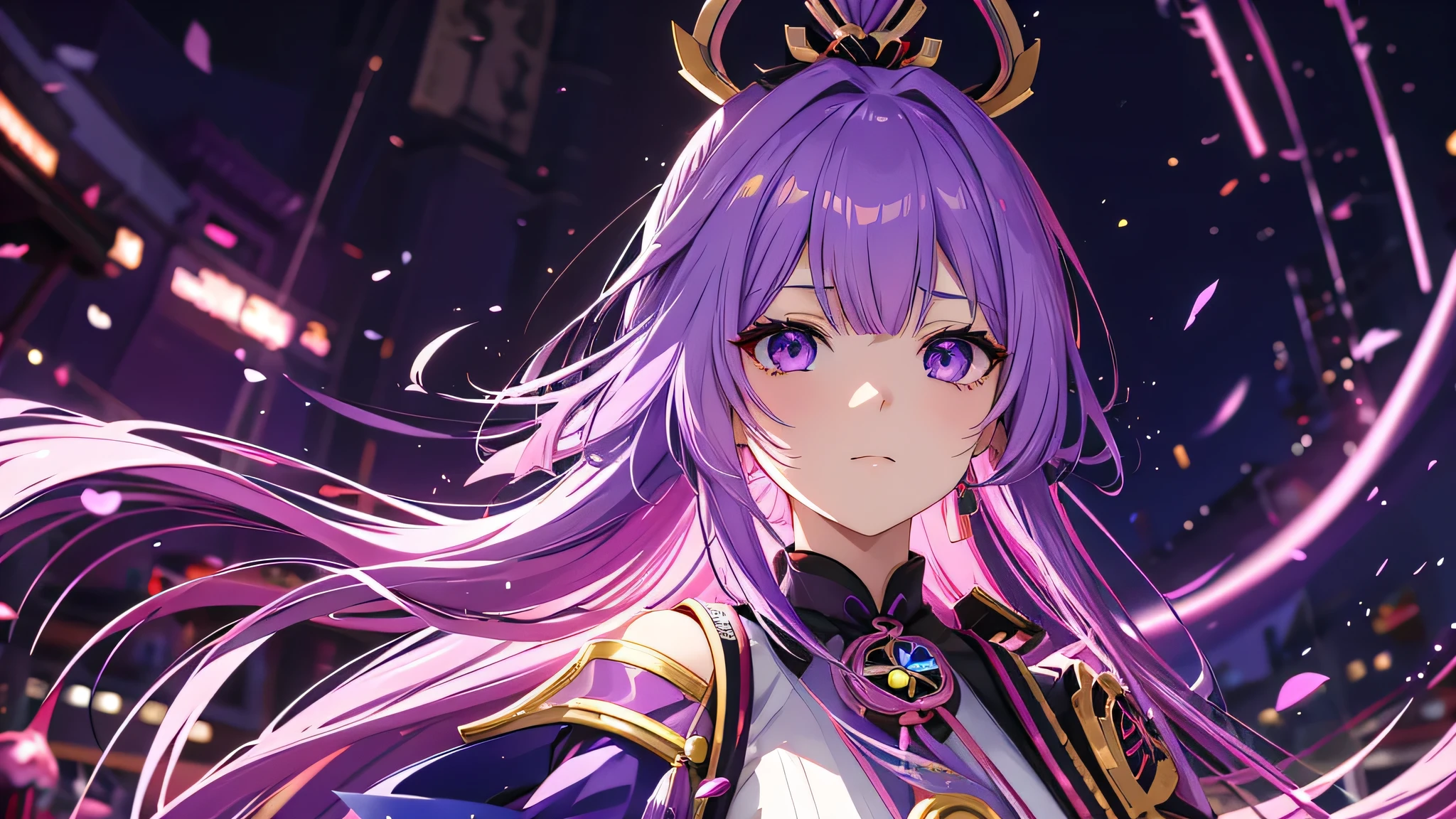 Purple hair and purple eyes、Anime girl in purple clothes, ayaka genshin impact, [[[[smile wickedly]]]], Akaski Voidstar, Portrait of an Onmyoji, Hajime Yatate, Anime Moe Art Style, Portrait of a girl in the Knights of the Zodiac, Keqing of Genshin Impact, ayaka game genshin impact