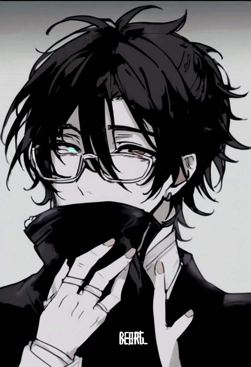 A handsome young man with messy black hair and beautiful tired eyes with long eyelashes, wearing glasses 