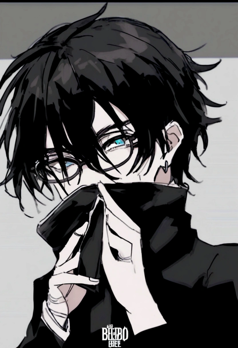 A handsome young man with messy black hair and beautiful tired eyes with long eyelashes, wearing glasses