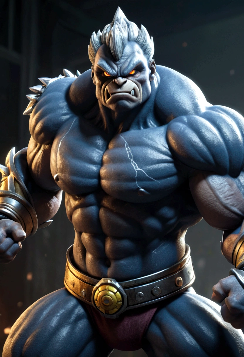 a powerful muscular humanoid machamp from pokemon, detailed realistic character, superhuman strength, hulking body builder, wearing mortal kombat style combat armor, fierce battle pose, intense expression, dramatic lighting, cinematic composition, dark gritty sci-fi cyberpunk setting, hyper detailed, photorealistic, 8k, high quality, intricate details