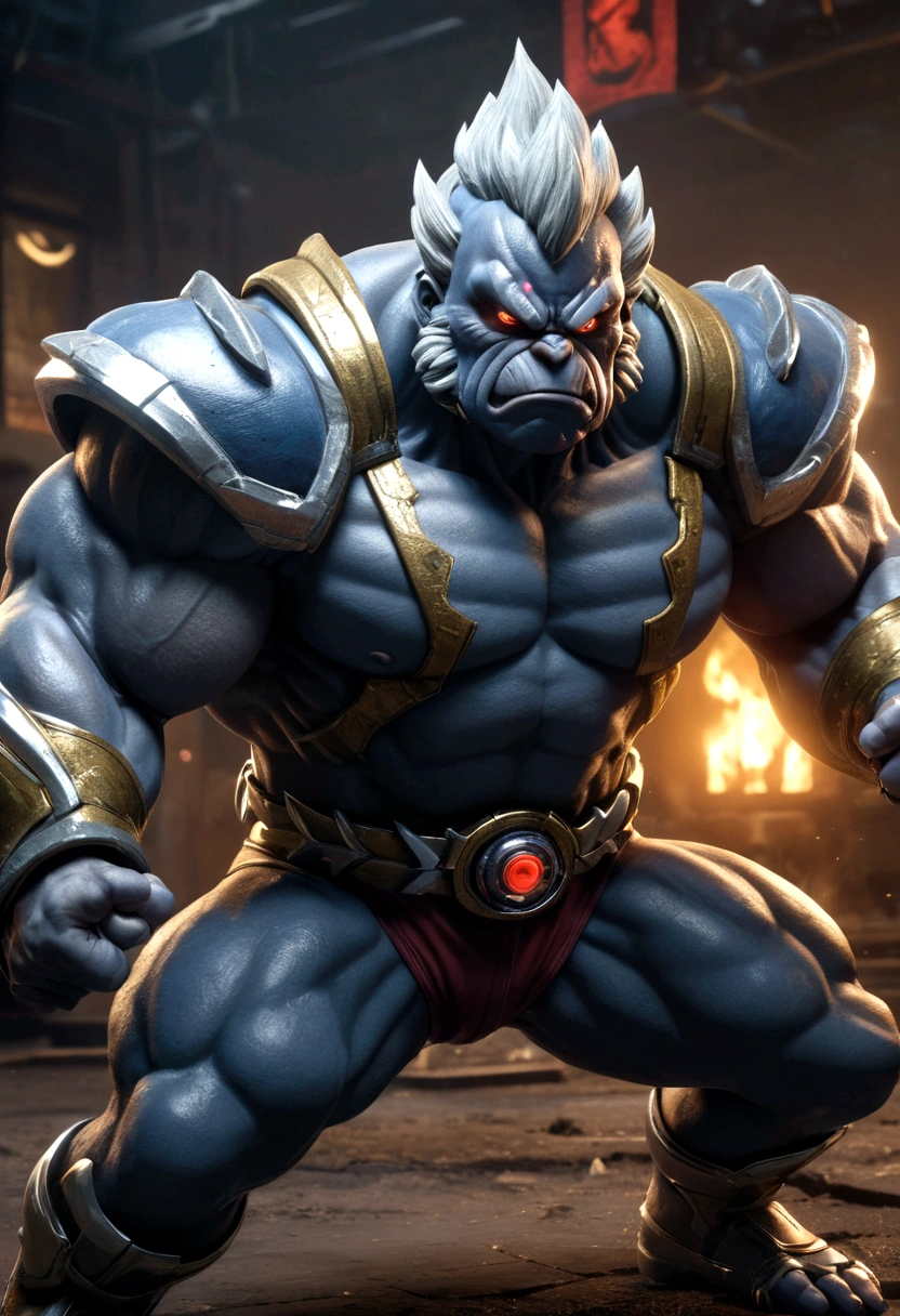 a powerful muscular humanoid machamp from pokemon, detailed realistic character, superhuman strength, hulking body builder, wearing mortal kombat style combat armor, fierce battle pose, intense expression, dramatic lighting, cinematic composition, dark gritty sci-fi cyberpunk setting, hyper detailed, photorealistic, 8k, high quality, intricate details