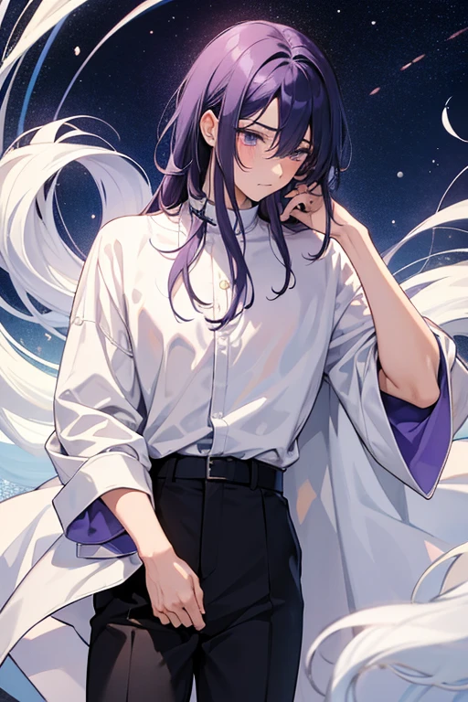 manga color panel, 20 year old white boy, cabello largo y lacio de color morado, suelto y con un fleco que le cubre el ojo izquierdo, dressed in a white loose-sleeved shirt and black pants, ojos color morados, sentado en el suelo mientras abraza una almohada, blushing and nervous expression, fondo habitacion elegante de noche.