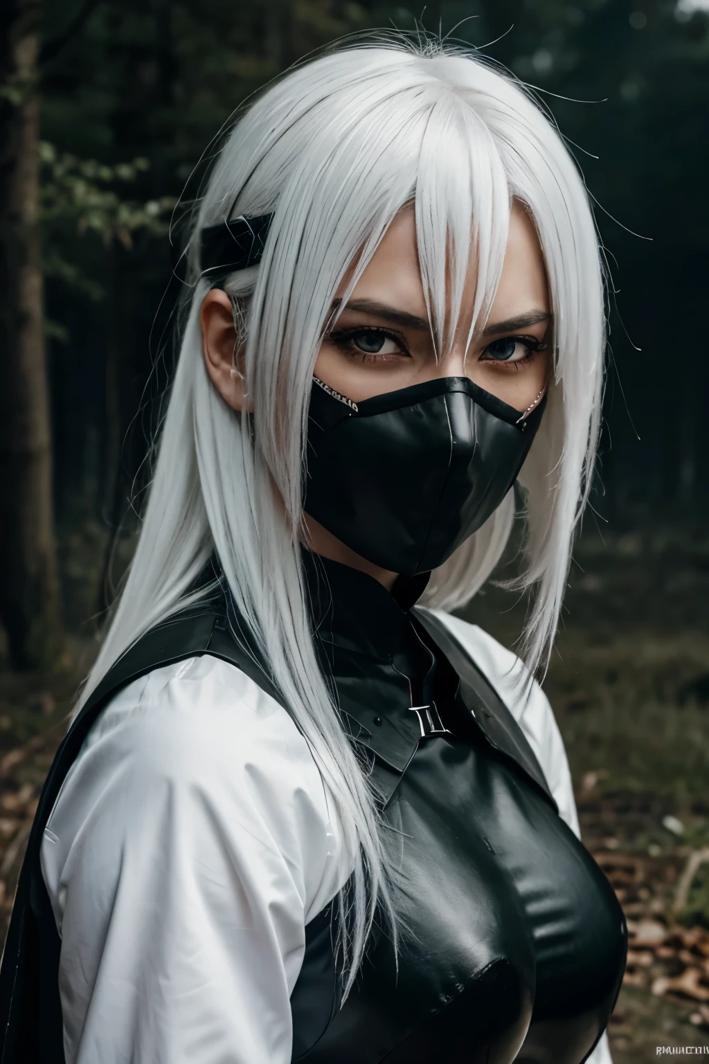 Anime character with white hair and dark red eyes in front of, who wears black armor. Sein Gesicht ist teilweise durch eine Maske verdeckt, die bis zur Nase reicht. Er steht auf einem Schlachtfeld, das von Rauch und Feuer umgeben ist, which creates a dark and intense atmosphere. The character exudes a powerful and mysterious presence.