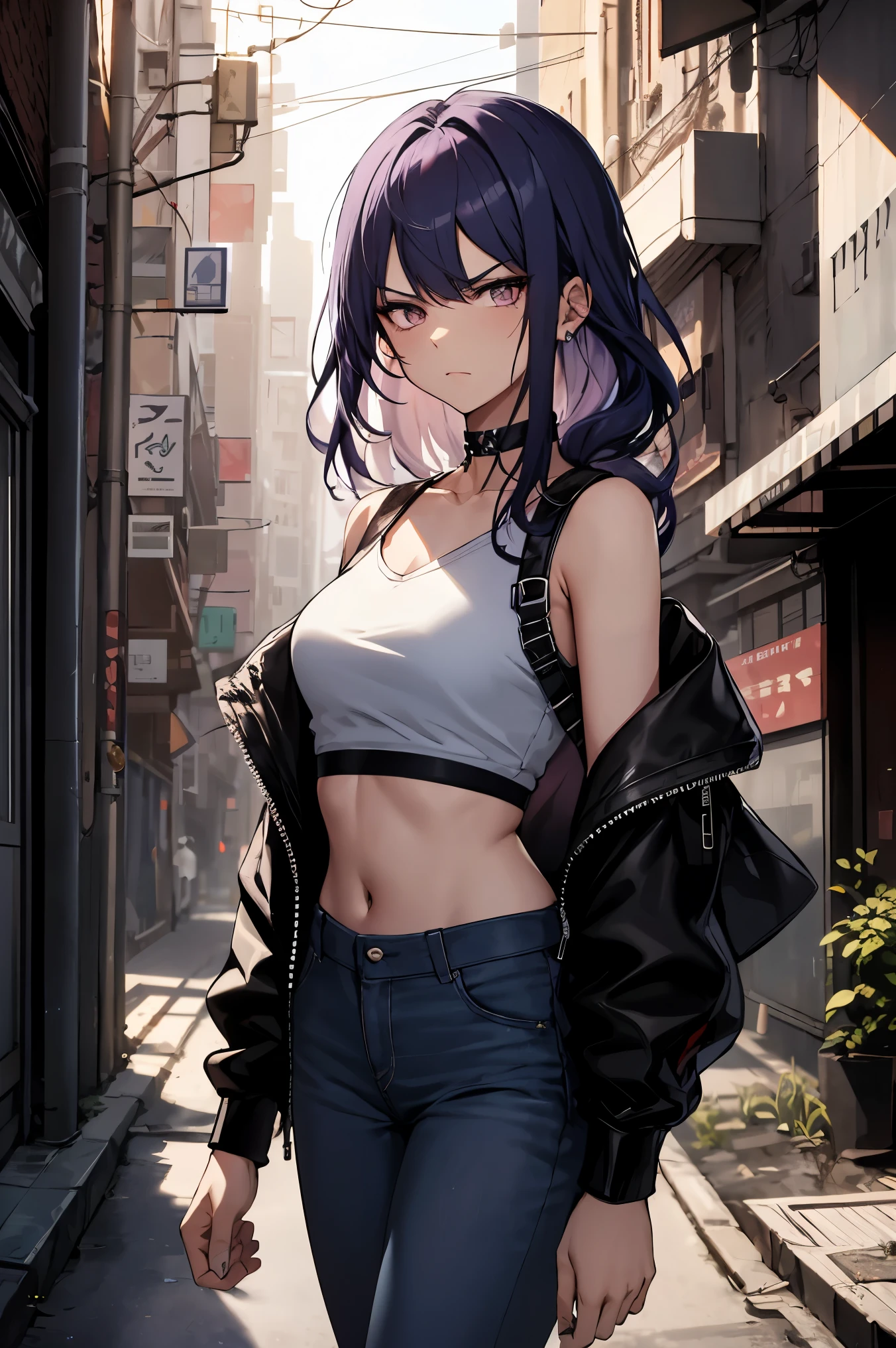 （（（best qualtiy，tmasterpiece））），ighly detailed，complex，Beautiful and cool avant-garde（（1girll）），solo，，Wear sleeveless cropped tops，Lavender long braid hair，choker necklace，Short jeans，Dystopian City Alley Contempt，scowling、modest chest