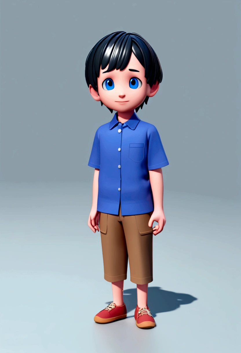 Generate a 3D avatar in Pixar style of a computer technician. The character should be a medium-built white male, wearing a plain blue shirt, and have short hair combed to the side.
