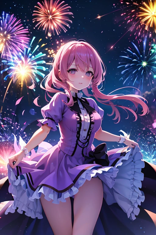 A pink haired woman with violet eyes with an hourglass figure in a frilly summer dress is spinning in front of fireworks