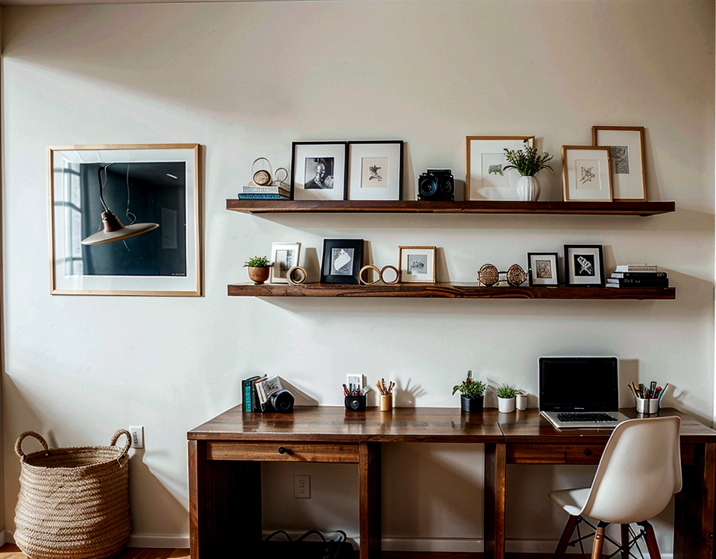 Modern elegant office, minimalist, clean colors, shelves with cameras, pictures on the wall with awards, an acoustic guitar, black and wood tones, 8k