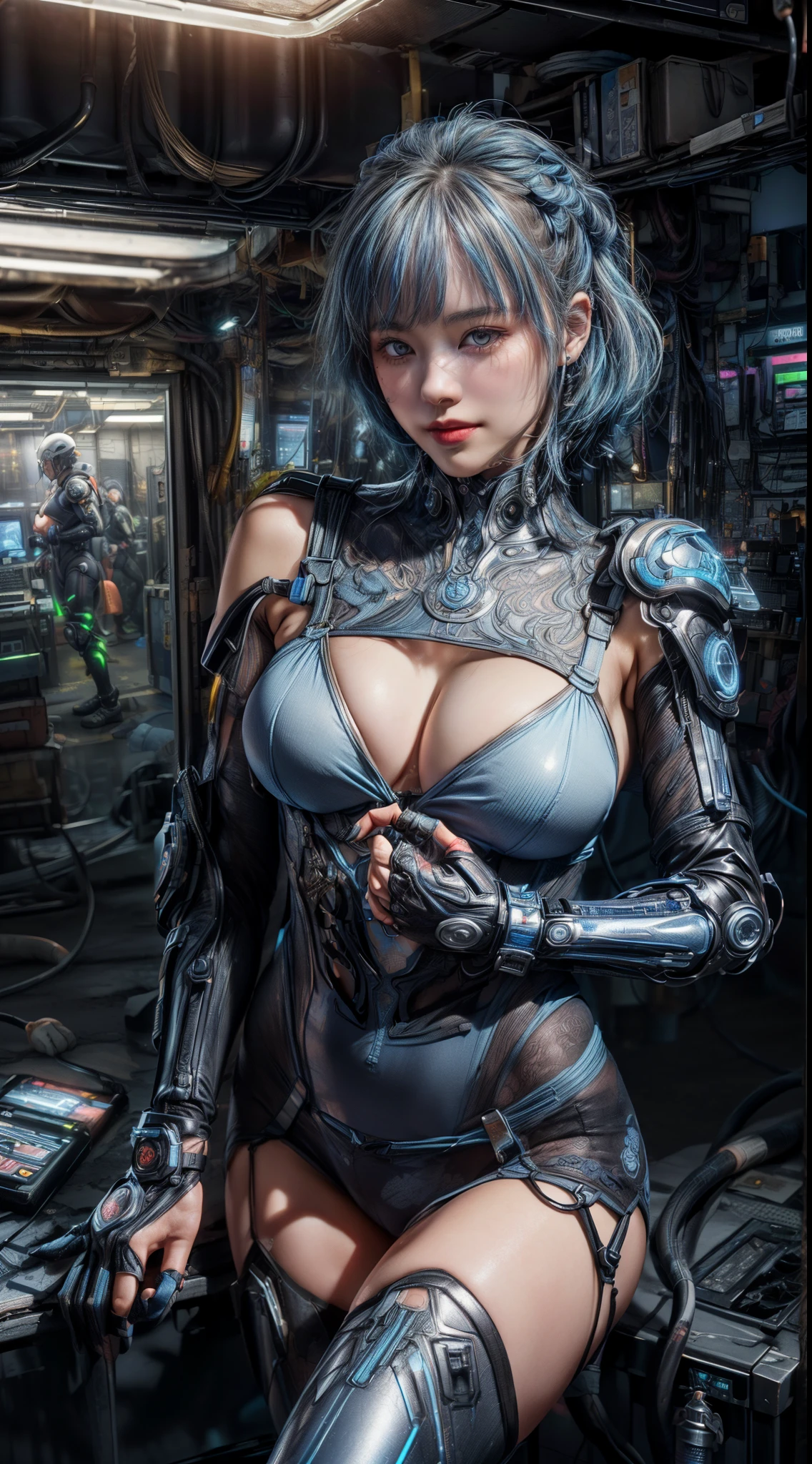 ((((Different angles of view:1.2))))、(((Mr.々A pose:1.2)))、((barcode))、(((Different actions:1.5)))、(smile)、Mature Woman、masterpiece,highest quality,Very detailed,(((Big Breasts)))、((Art Movement:1.2))、bite、(Abdominal muscles)、((Light blue hair))、((((Trendy hairstyles)))), ((Near future)),((sf)),Machinery Parts、((white, Ultra-tight plug suit with detailed decoration))、(((Shingard、Elbow Guard、Knee guard、Chest Guard、Shoulder guard、protector)))、Very beautiful woman、headset、(((Glowing Electronic Suit)))、Slender women、((cyber punk))、(((Digital Metaverse)))、((Dark virtual space))、((Neon color))、(Lots of monitors)、((Fluorescent lights in a server room))、((Lots of electronics))、(((Connect with code)))、(Detailed face)、Realistic Skin、((Delicate photo)),(少女のmasterpiece、Photo Details:1.25), (highest quality:1.6), (超A high resolution:1.5), (Realistic:1.75), 8K resolution, Canon EOS R5, 50mm, Absurd, Very detailed,Cinema Lighting,Browsing Caution:0.4、((Powered Suit))
