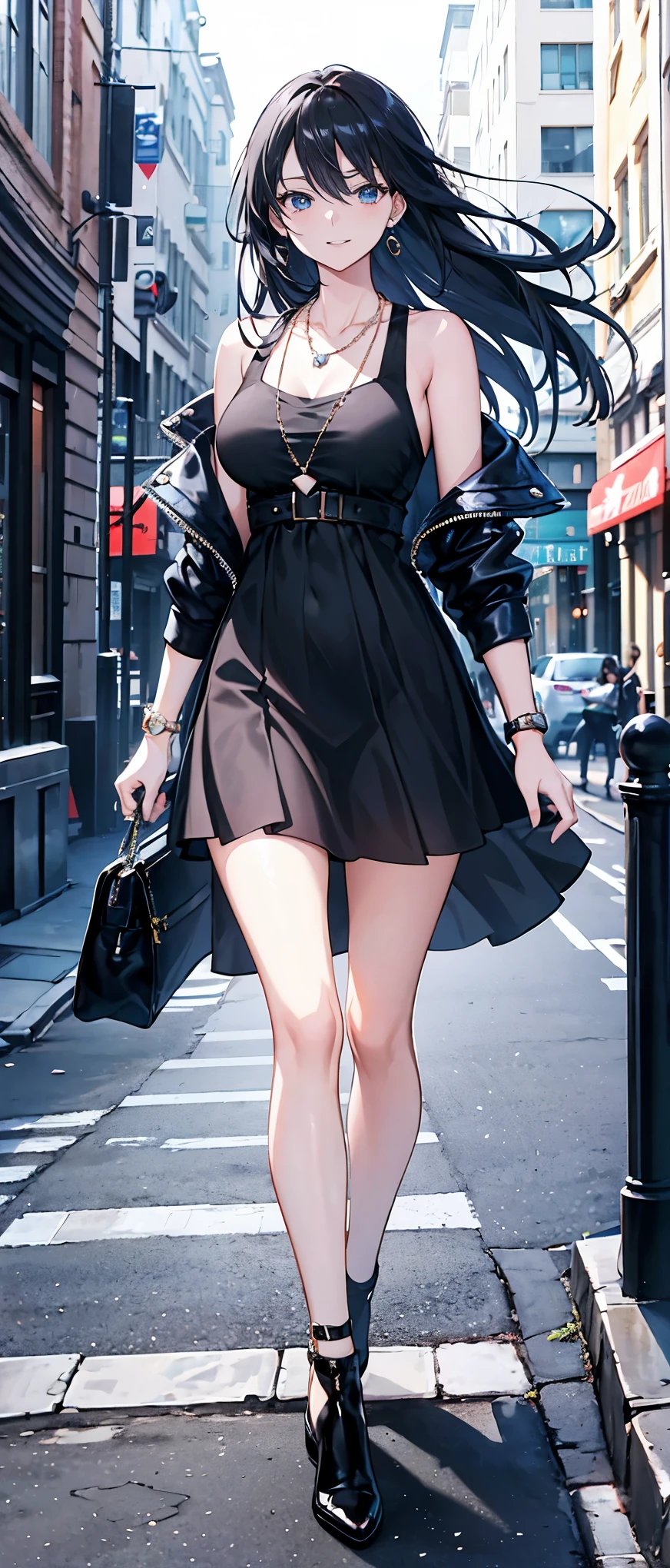 High resolution, high resolution,2D Anime Style,,Cool woman,Mature look,,Thighs are a little thick,20th Generation,Black Long Hair,Blue Eyes,Beautiful watch,Beautiful earrings,Beautiful necklace,Casual Fashion,leather jacket,She wore a dress that revealed her shoulders.,He is smiling a little,whole body,Walking around the city,