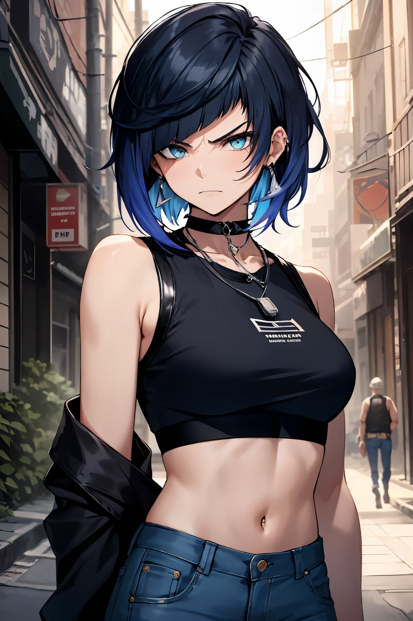 （（（best qualtiy，tmasterpiece））），ighly detailed，complex，Beautiful and cool avant-garde（（1girll）），solo，，Wear sleeveless cropped tops，choker necklace，Short jeans，Dystopian City Alley Contempt，scowling、modest chest, crop top, (gradient hair), black hair, blue hair, short hair, blue eyes, yelendef, 