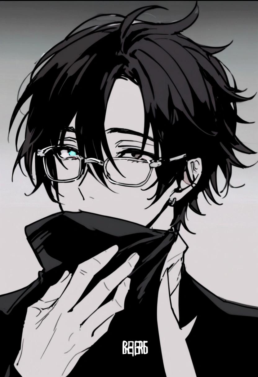 A handsome young man with messy black hair and beautiful tired eyes with long eyelashes, wearing glasses 