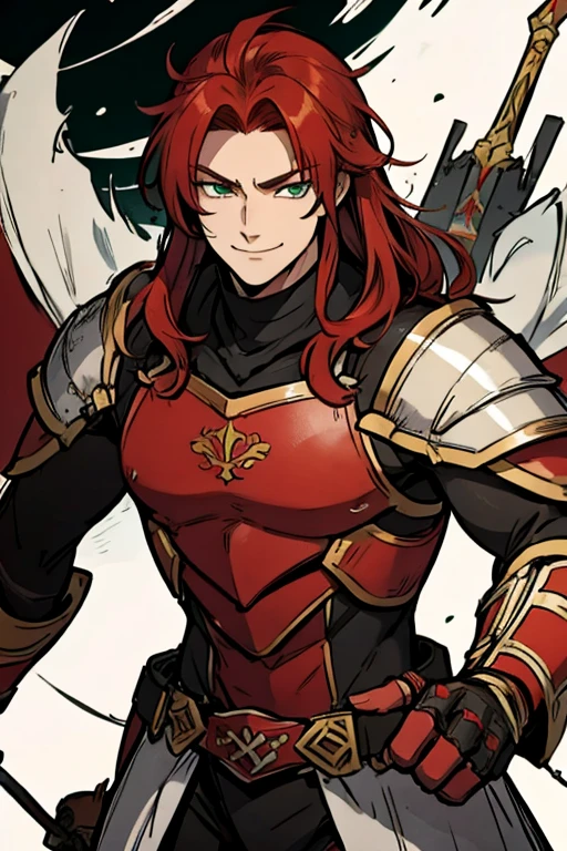 A red haired muscular male knight with green eyes and long hair in black and red and white armor is smiling with a giant blade.  
