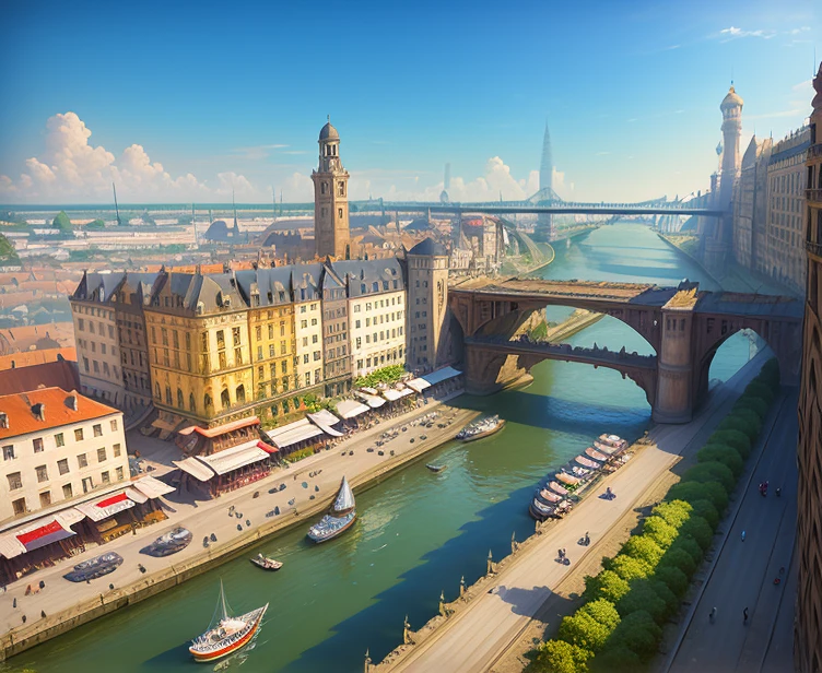 ((masterpiece)),((best quality)),((high detail)),((realistic,)), top view photography, 
Modern industrial city, street architecture, bazaars, bridges, steampunk, European architecture, river, beach, modern prices, 5-star hotels, squares with statues.