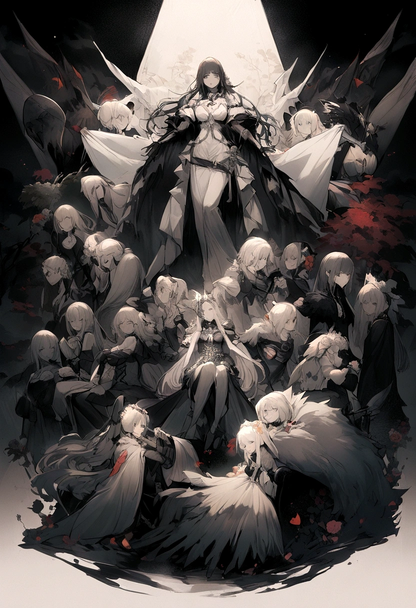 黑色and银色色调、hell、purgatory、Mozart's Requiem、mystery、fear、Gothic、dark、and、、Popularity、ruler、Pitch black、despair、lament、、nothingness、bitter cold、black ghost、Adult women in their 40s、Reine des morts、Persephone、Lilith、Hades、The greatest awe、immortal、cruel、dignity、The magnificent hall々、proudly、noble、dignity、serious、Charm、Achievement、、obsessed、Jewel-like、ruthless、greedy、Lack of warmth、Three-point live broadcast method、painting、best quality、High resolution、Sharp focus、Perfect angle、Perfect shadow performance、Perfect composition、from the side、Portrait of Queen D,Highly detailed footage of the Reine des morts,Stunning Exparted Portrait of the Queen,Portrait of the Reine des morts,Reine des morts Full Body,Brunette girl, White Fox