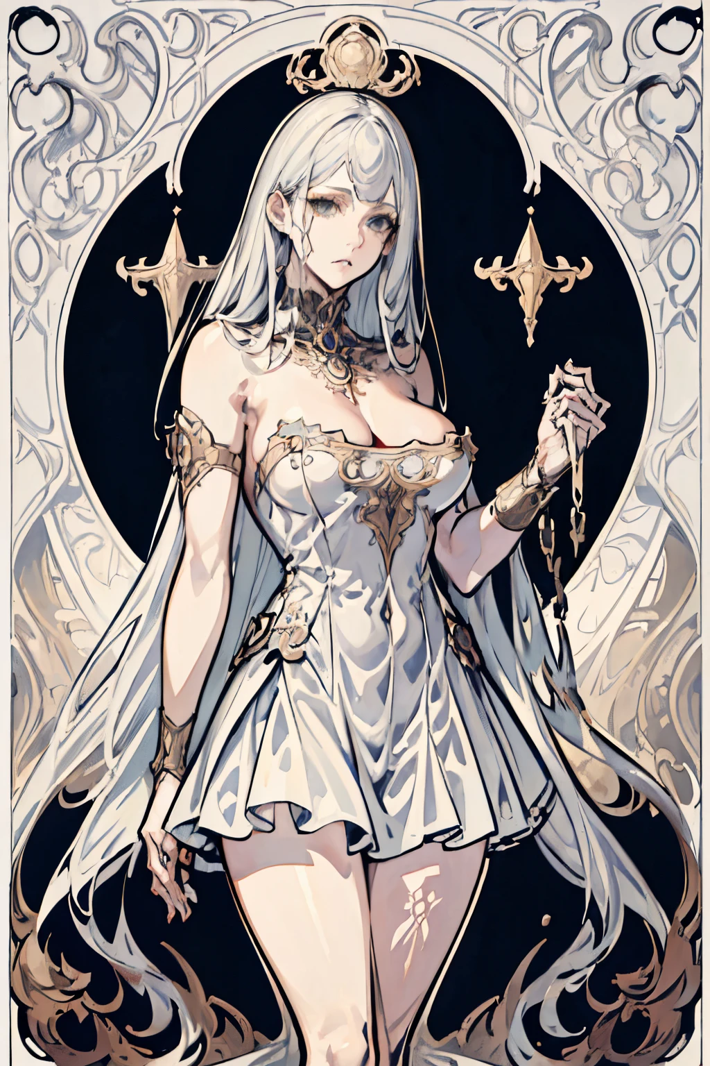 ((best quality)), ((masterpiece)), (detailed), 1girl, Character design, female, dynamic poses, long white grey hair, grey white eyes, very skinny, detailed, best quality, no accesoires around the neck, no shoes, prominent collarbones, skinny arms, flat stomach, visible hip bones, full body, blank white background, plain background, white background, red and white clothing, Bloodborne inspired, occult aesthetic, occult, detailed and intricate steampunk and detailed gothic, NSFW, Very dramatic and cinematic lighting, cosmic horror, grim-dark, side-lighting, perfect face, NSFW, Fluttering lace flared long knee length dress with frilly petticoats, knee length dress, pleated petticoats, petticoats gothic, complex lace boots, side-lighting, gothic aesthetic, wielding a mighty sword with mechanical components, mandalas, a fairy, various different types of insect wings, NSFW, full body, whole body, body, plain background, white background, blank background, no background, white background NSFW, chains, full body, whole body, head-to-toe NSFW