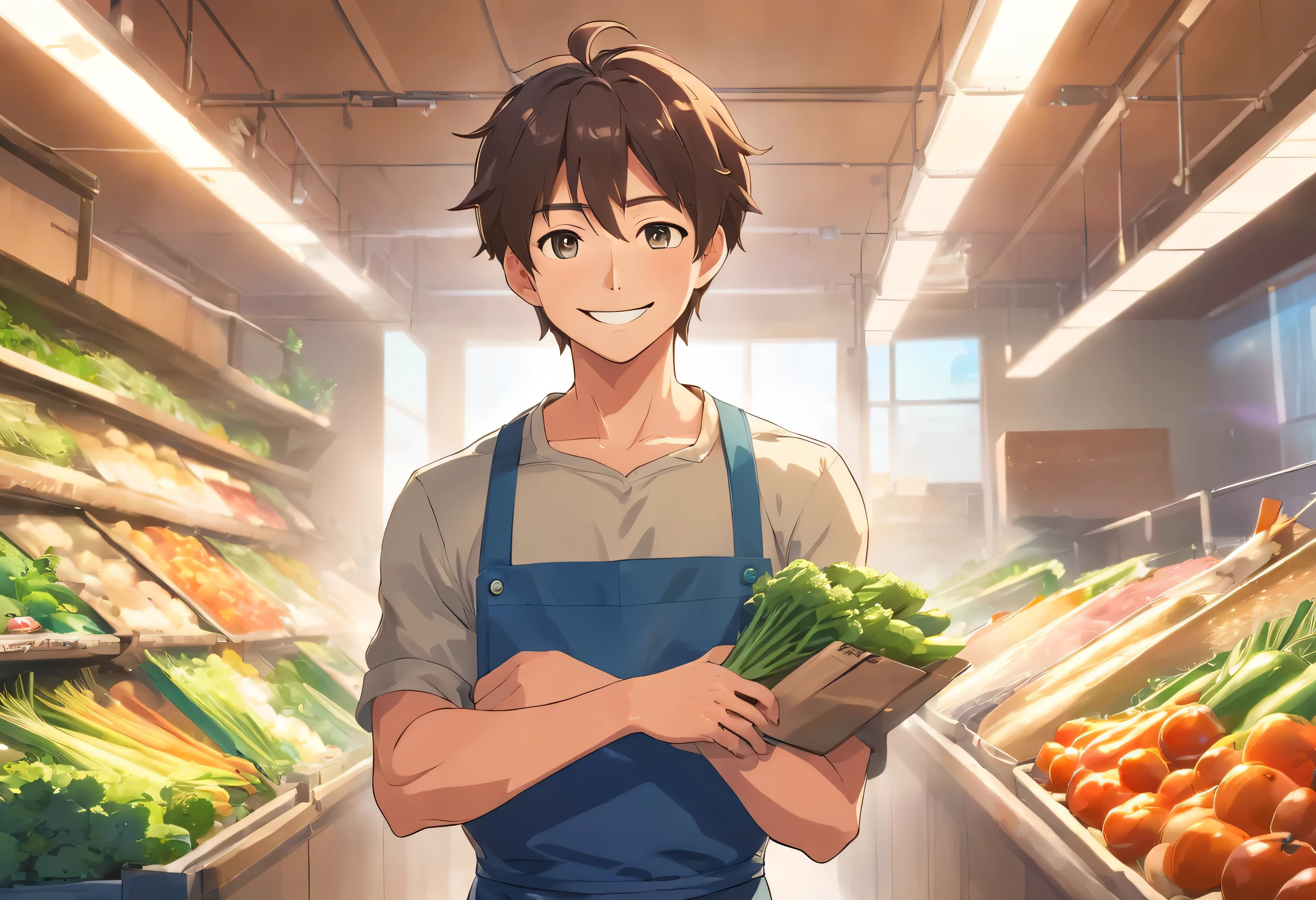 Smiling muscular man in apron holding a box of vegetables，Plump pectoral muscles，Abs，Upper body naked，thumb up, advertisement picture, advertising photograph, promo image, personal profile picture, gardening, farmer, promo art, Home and garden, Handsome man, attractive and good looking, professional picture, Attractive man, professional profile picture, high quality portrait, very professional, As well as handymen