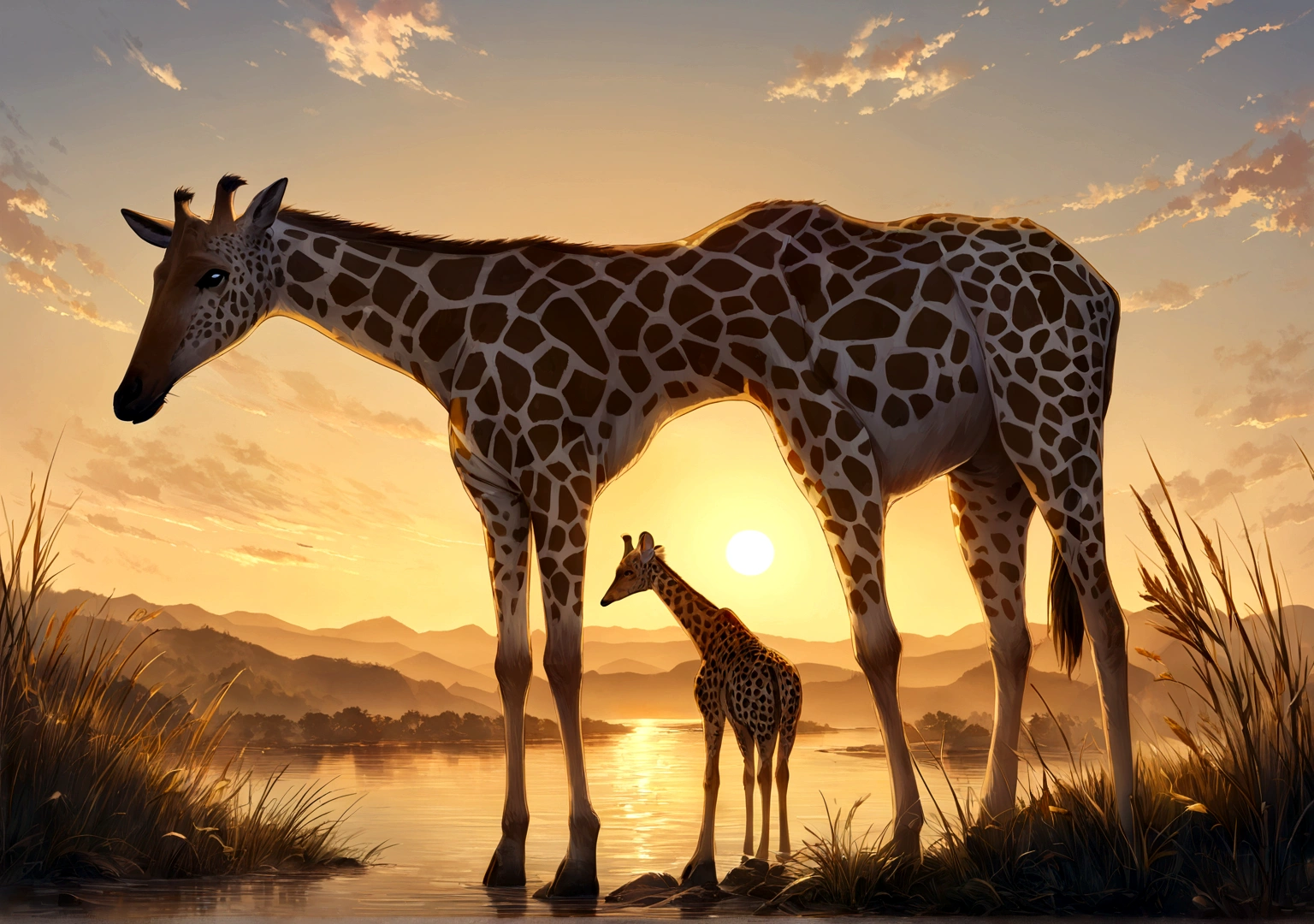 Une girafe courant vers la savane africaine, fond d'ecran pc, animaux, lac, setting sun, resolution  4k, ultra realiste, 