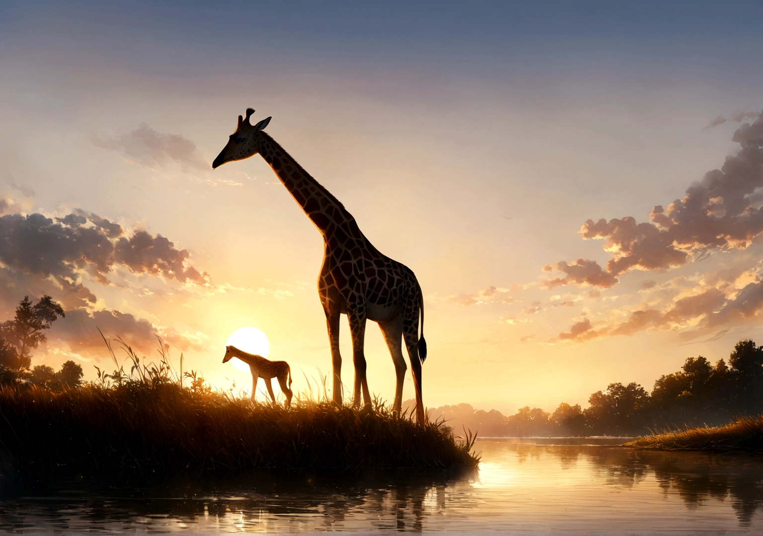 Une girafe courant vers la savane africaine, fond d'ecran pc, animaux, lac, setting sun, resolution 4k, ultra realiste,