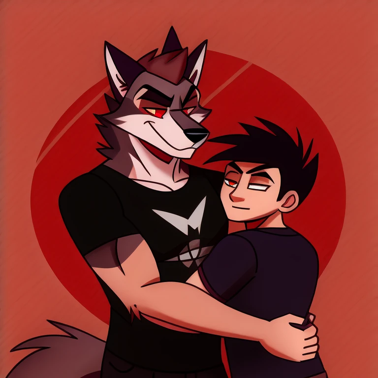 (masterpiece, best quality:1.2), Vortex female feminine hellhound, wolf, furry, helluva boss, he wears a black t-shirt with a gray vest with red spikes on the shoulders and black pants, hugging a human boy