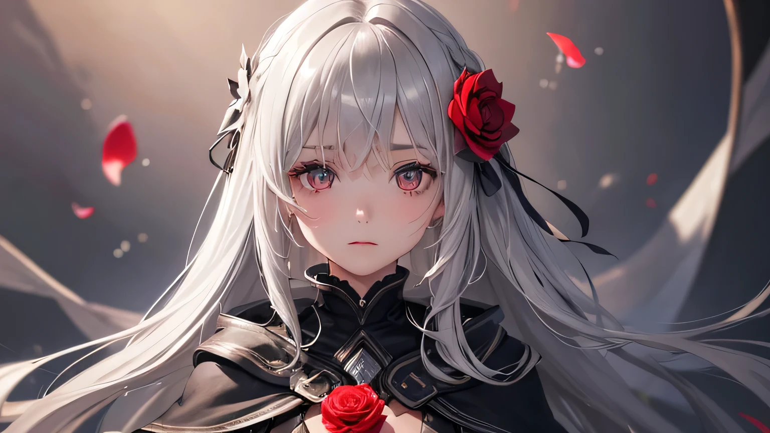 One girl,alone,One girl,alone,((Beautiful fine details)), (Detailed light),Depth of written boundary,(Gray Hair),Silver Eyes,Hair on one eye,(Red flower ), Hair Flowers,Long Hair,Black Cape,Wet,emotionless,Recall,night,Starfall,it's raining,fog,Red flowers falling,sketch