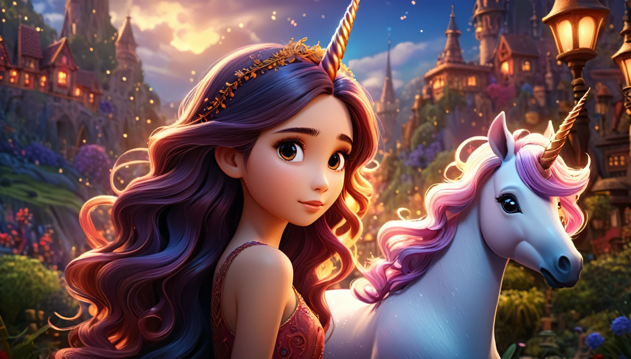 girl with a unicorn horn, beautiful girl with magical unicorn horn on head, detailed face, long eyelashes, soft glowing skin, whimsical expression, flowing hair, unicorn horn with intricate patterns, fantasy landscape background, warm lighting, vibrant colors, cinematic composition, Pixar style, 8k, high resolution, masterpiece