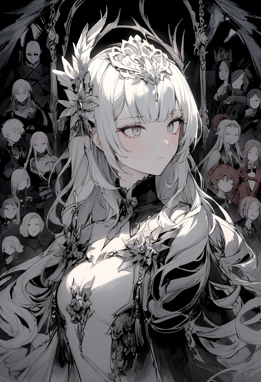 masterpiece, Amazing girl, Night Moon Full Moon, 1 female, Mature woman, elder sister, Royal elder sister, cold noodle, Poker face, Silver-white hair woman, Light pink lips, calm, Intellectuals, Three-banded grey eyes, Assassin&#39;s Dagger, Flower ball background, Card Details, Finger details, Facial details, Eye details,
