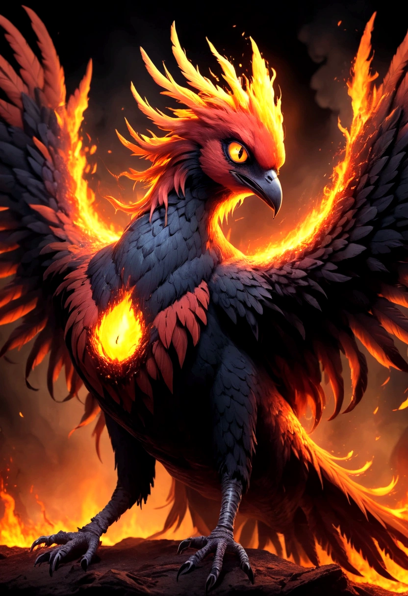 moltres from pokemon, beautiful detailed eyes, beautiful detailed lips, extremely detailed eyes and face, long eyelashes, mythical phoenix bird, detailed feathers, detailed wings, fire, burning, glowing, dramatic lighting, dramatic pose, cinematic, epic, fantasy, concept art style