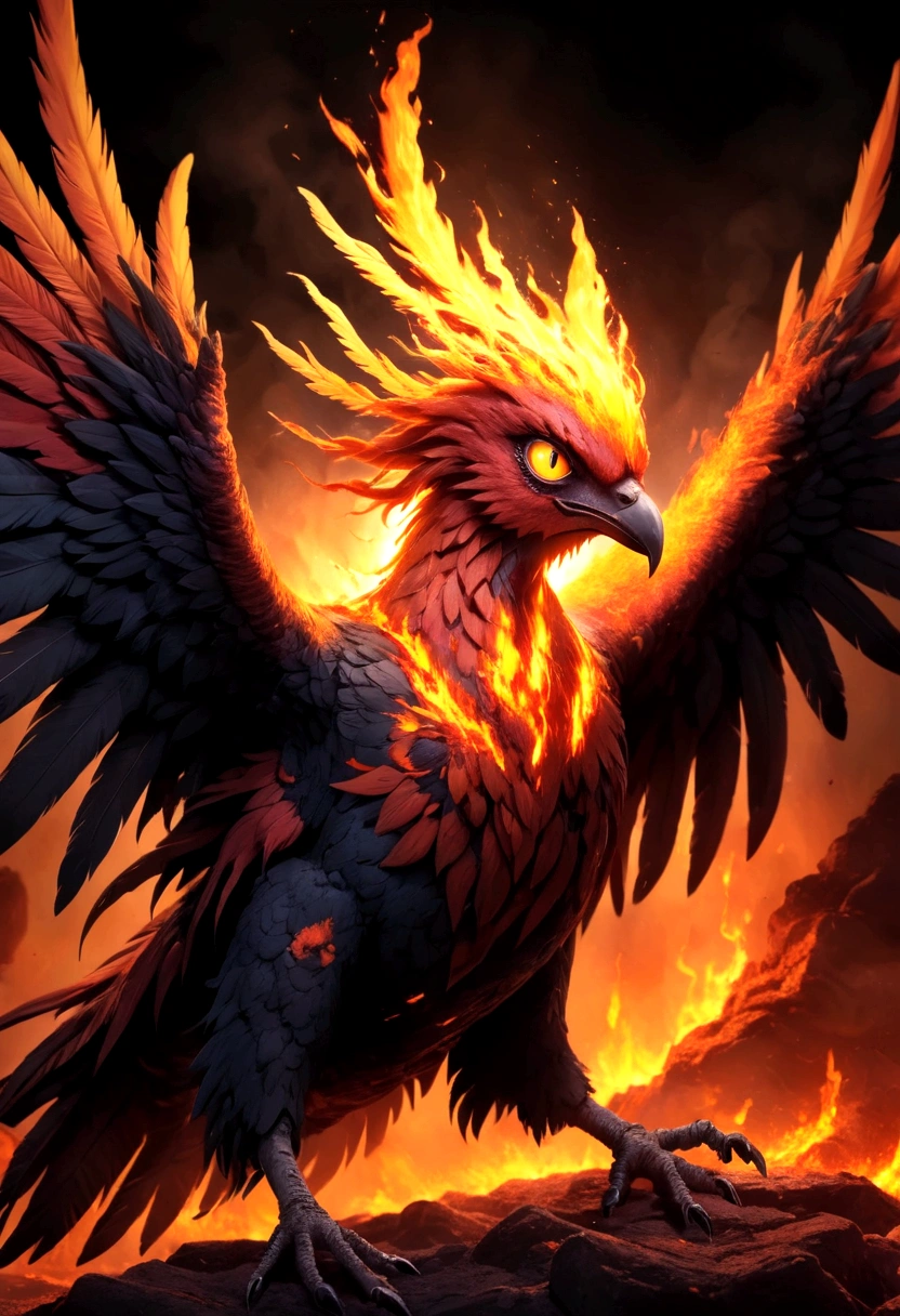 moltres from pokemon, beautiful detailed eyes, beautiful detailed lips, extremely detailed eyes and face, long eyelashes, mythical phoenix bird, detailed feathers, detailed wings, fire, burning, glowing, dramatic lighting, dramatic pose, cinematic, epic, fantasy, concept art style