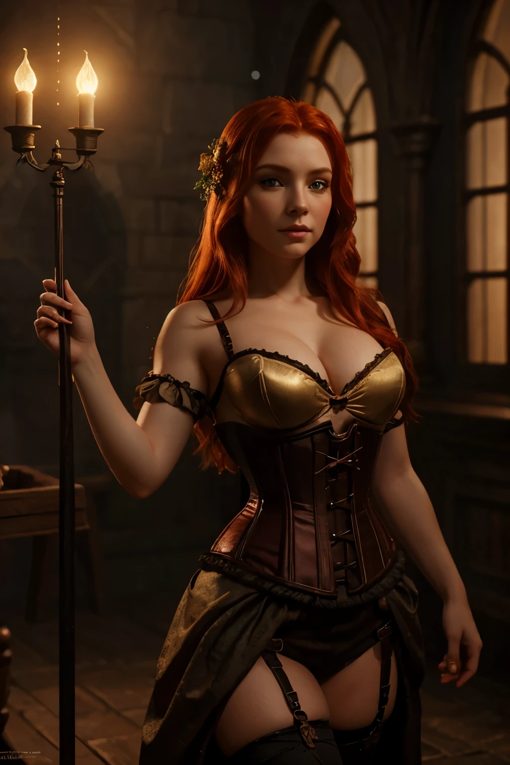 a redheaded female gnome in a full-length corset, detailed face and eyes, high quality, photorealistic, 8k, cinematic lighting, fantasy art, warm color palette, intricate details, elegant pose, mystical atmosphere