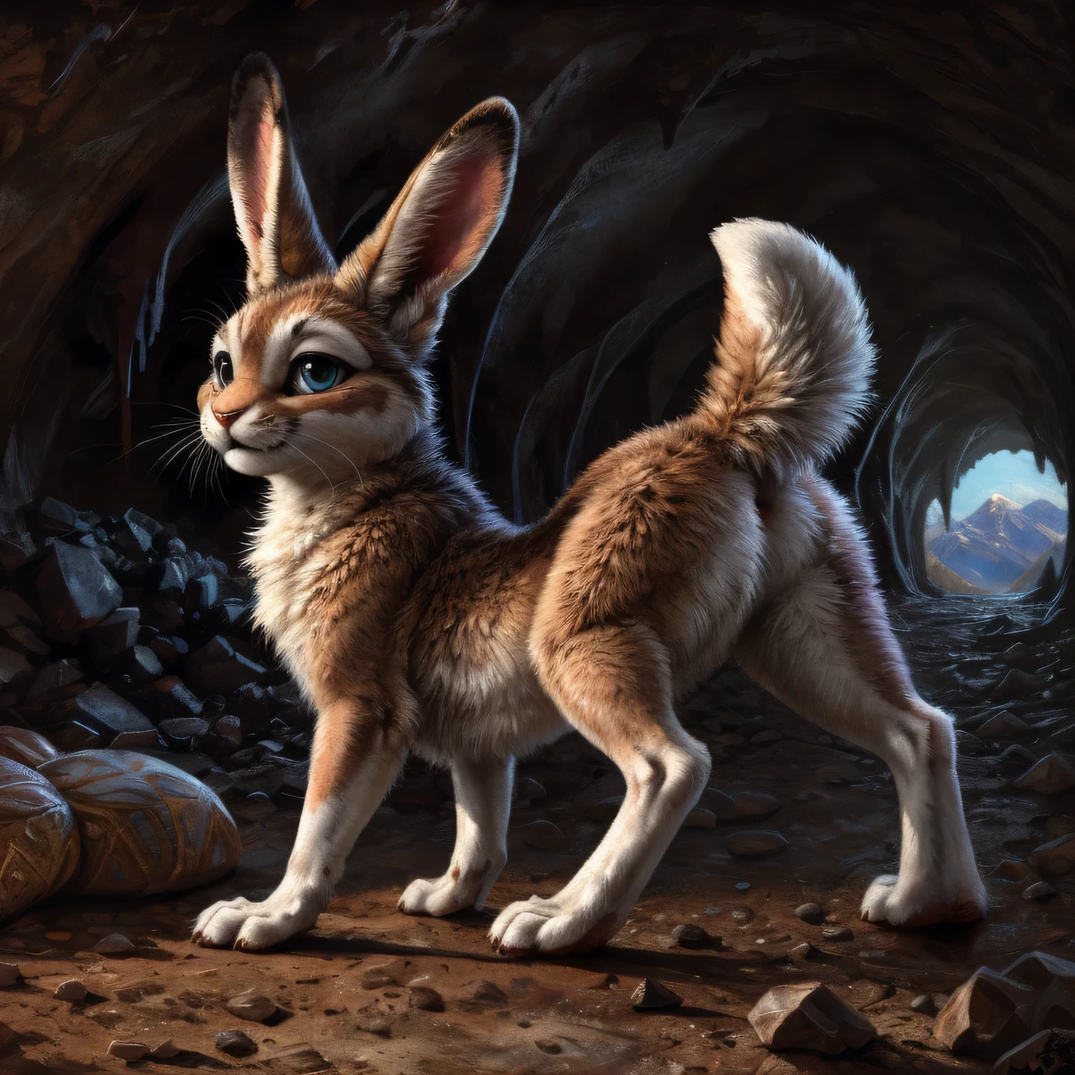 furry, animal, furry, furry female feral, feral, female rabbit, vagina, rabbit face, bunny tail, ((detailed and extremely fluffy body fur)), fluffy cheeks, pink fur, fluffy chest fur, fluffy hips, fluffy lower arms, (big head), solo, (sexy pose:1.5), dynamic pose, rear view shot, back turned, backside, presenting, all fours, ass up, raised tail, highly_detailed_face, symmetrical_eyes, Detailed Eyes, cute, girl, young, young adult, cute, girl, young, (by reign-2004:0.6), (by dagasi:0.3), by blotch, by kenket, (by darkgem:0.3), pink bikini, (beachwear:0.4), sunlight, ((cave)), mountain, concept art, highly detailed, (hi res), masterpiece, best quality, masterpiece, best quality, cinematic composition, masterpiece, best quality, ultra realistic, 4k, (high detail:1.3), award winning photography,