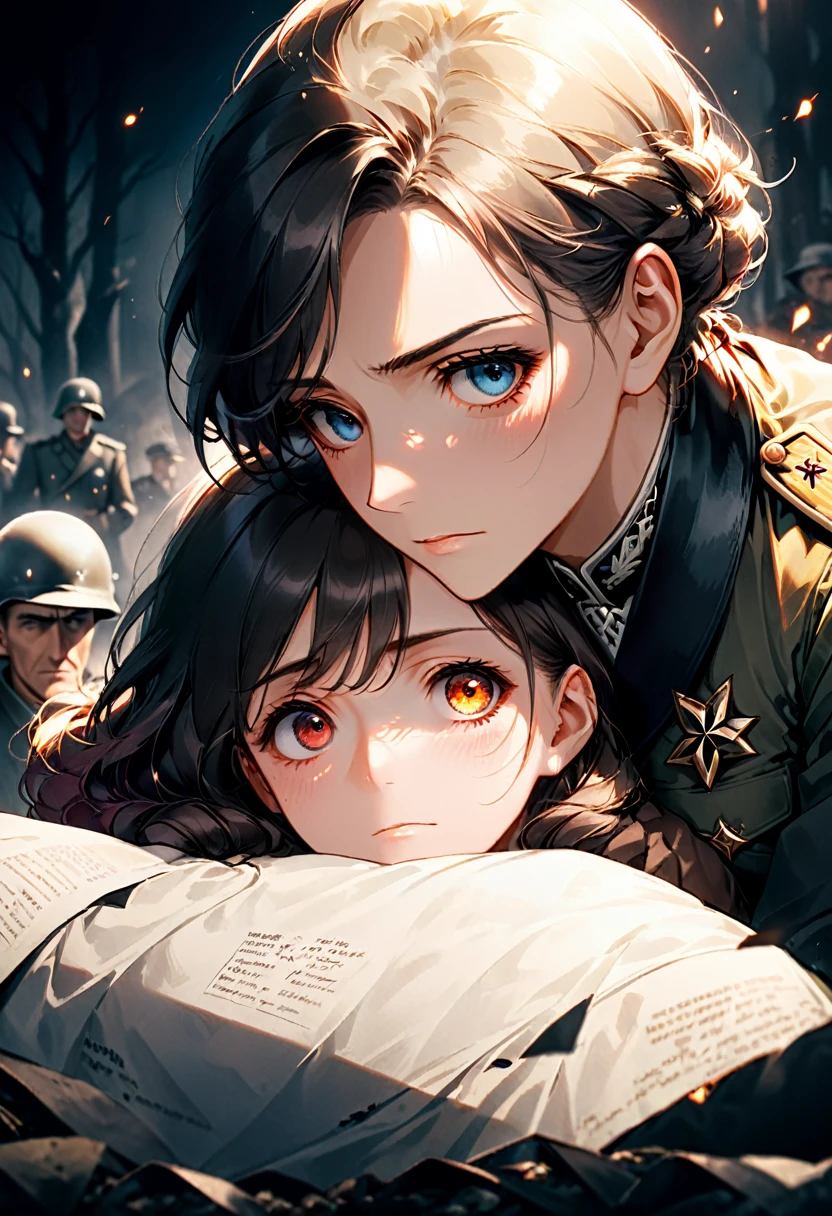 The Hatred of History In a movie about World War II, a Jewish survivor meets a former Nazi soldier after the war. Although a long time has passed, the survivors' eyes are still filled with disgust and fear of past atrocities, (contempt, disgust, shaded face, looking at viewer, frown), close-up, cinematic still, emotional, harmonious, vignette, 4k epic detailed, shot on kodak, 35mm photo, sharp focus, high budget, cinemascope, moody, epic, gorgeous, film grain, grainy, bright colors, highly detailed, sharp focus, intricate, cinematic light, elegant, confident, rich, animated, background composed, vivid, very coherent, shiny, excellent composition, dynamic, ambient dramatic color, beautiful, epic, stunning, (masterpiece, best quality, Professional, perfect composition, very aesthetic, absurdres, ultra-detailed, intricate details:1.3)