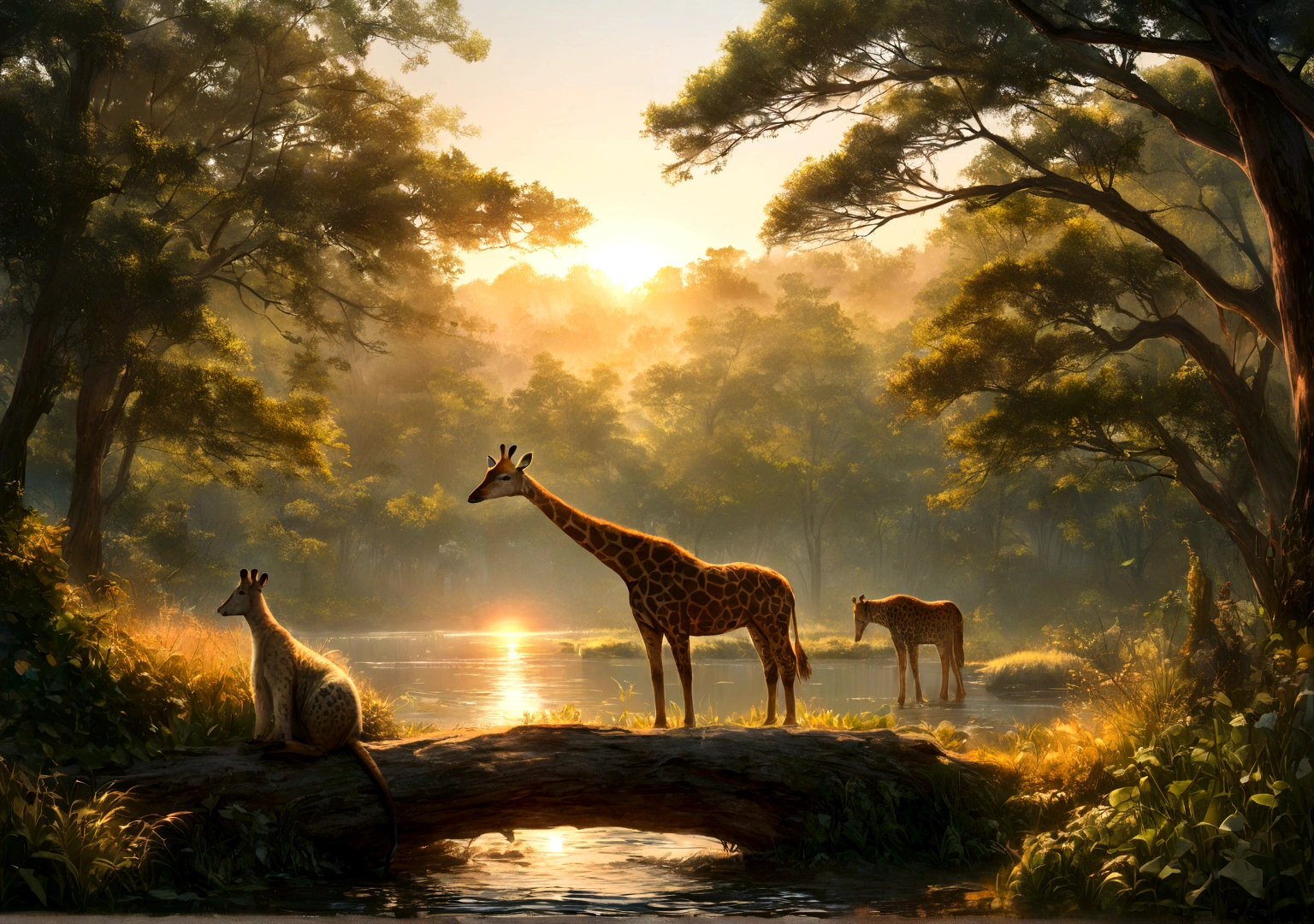 Une girafe courant vers la savane africaine, meilleur fond d'ecran ordinateur, animaux, lac, setting sun, resolution 4k, ultra realiste, savane, avec des oiseaux vivant dans la savane sur une branche d'arbre,