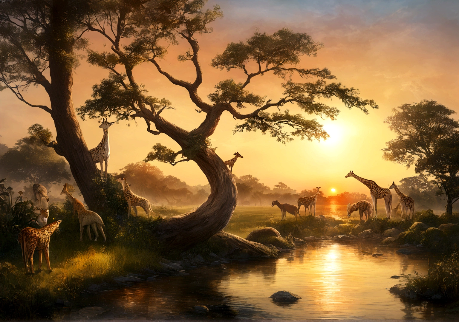 Une girafe courant vers la savane africaine, meilleur fond d'ecran ordinateur, animaux, lac, setting sun, resolution 4k, ultra realiste, savane, avec des oiseaux vivant dans la savane sur une branche d'arbre,