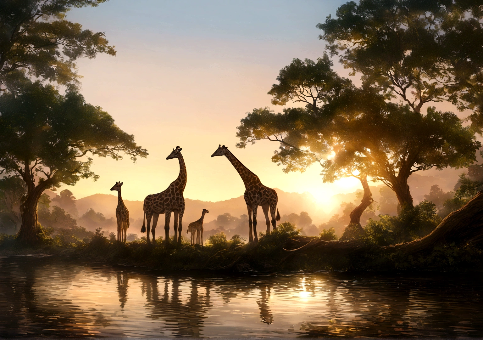 Une girafe courant vers la savane africaine, meilleur fond d'ecran ordinateur, animaux, lac, setting sun, resolution 4k, ultra realiste, savane, avec des oiseaux vivant dans la savane sur une branche d'arbre,