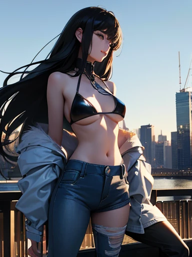 highest quality、8K masterpiece、超A high resolution、(Realistic:1.3)、RAW Photos、Girl 1、Denim pants、No bra、Silver charm on the ankle、Black boots、Super long straight black hair、Long Hair、Hair blowing in the wind、Glowing Skin、1. Cyberpunk Bike Rider、((Ultra-Realistic Details))、Portraiture、Global Illumination、Shadow、Octane Rendering、8k、Ultra Sharp、Beautiful breasts、Cool colors、darkness、Very intricate details、Realistic Light、CGSoation Trend、Beautiful Eyes、Shining Eyes、To the camera、Neon Details、20Year、Such a beautiful face、Intelligence、Obscene、sexy、smile、whole body、Healthy Body、Manhattan at night in the background、Helipad on a high-rise building、like、charm、いたずらっぽいsexyな、Place your hand on your chest、Make the background more vivid、future、Toe angle、Whiter skin、Standing posture、More realistic facial features、retrospective exhibition、Wide Shot、whole body、More realistic Japanese faces、Panoramic view of the building、wild、