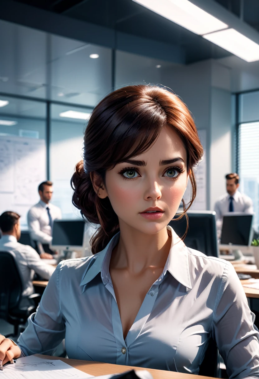 In the office, a woman is facing her colleague with a jealous and dissatisfied expression on her face. The background is a busy office environment, (contempt, disgust, shaded face, looking at viewer, frown), close-up, cinematic still, emotional, harmonious, vignette, 4k epic detailed, shot on kodak, 35mm photo, sharp focus, high budget, cinemascope, moody, epic, gorgeous, film grain, grainy, bright colors, highly detailed, sharp focus, intricate, cinematic light, elegant, confident, rich, animated, background composed, vivid, very coherent, shiny, excellent composition, dynamic, ambient dramatic color, beautiful, epic, stunning, (masterpiece, best quality, Professional, perfect composition, very aesthetic, absurdres, ultra-detailed, intricate details:1.3)