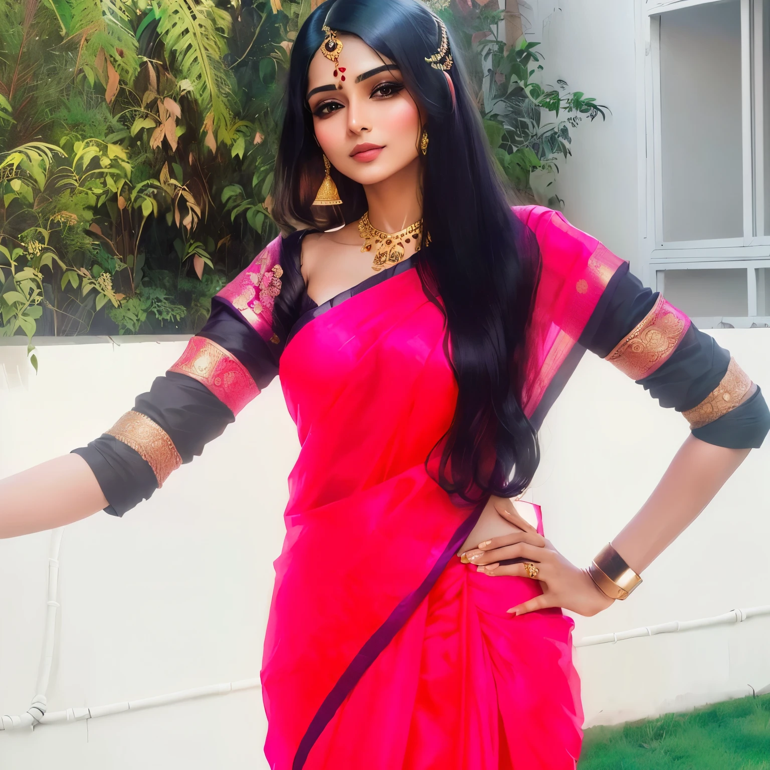 a woman in a pink sari posing for a picture, dressed in a sari, stylish pose, traditional beauty, wearing a steampunk sari, wearing a sari, wearing an elegant tribal outfit, inspired by T. K. Padmini, doing an elegant pose, black and red silk clothing, indian, dressed with long fluent clothes, very extremely beautiful, wearing sari, background is heavenly