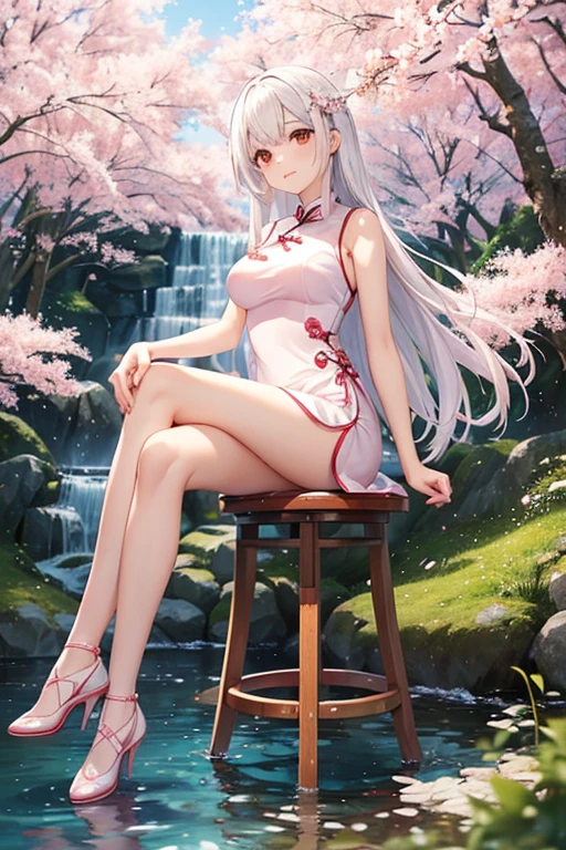 Young adult japanese girl, breathtaking cherry tree forest, ((long white elegant sleeveless long cheongsam dress with pink details)), smooth and beautiful legs, (brown eyes), long hair flowing in the wind, ((white hair),white high heeled pumps with cherry tree details, beautiful nature, japanese countryside, small water spring with small waterfall, ((high quality)), extremely detailed, (bokeh), dof, (hand on chest), large breasts, sitting in front of a cherry tree, elegant wooden stool, (cheerful girl sitting pose),(crossed legs), correct body anatomy, hand adjusting hair