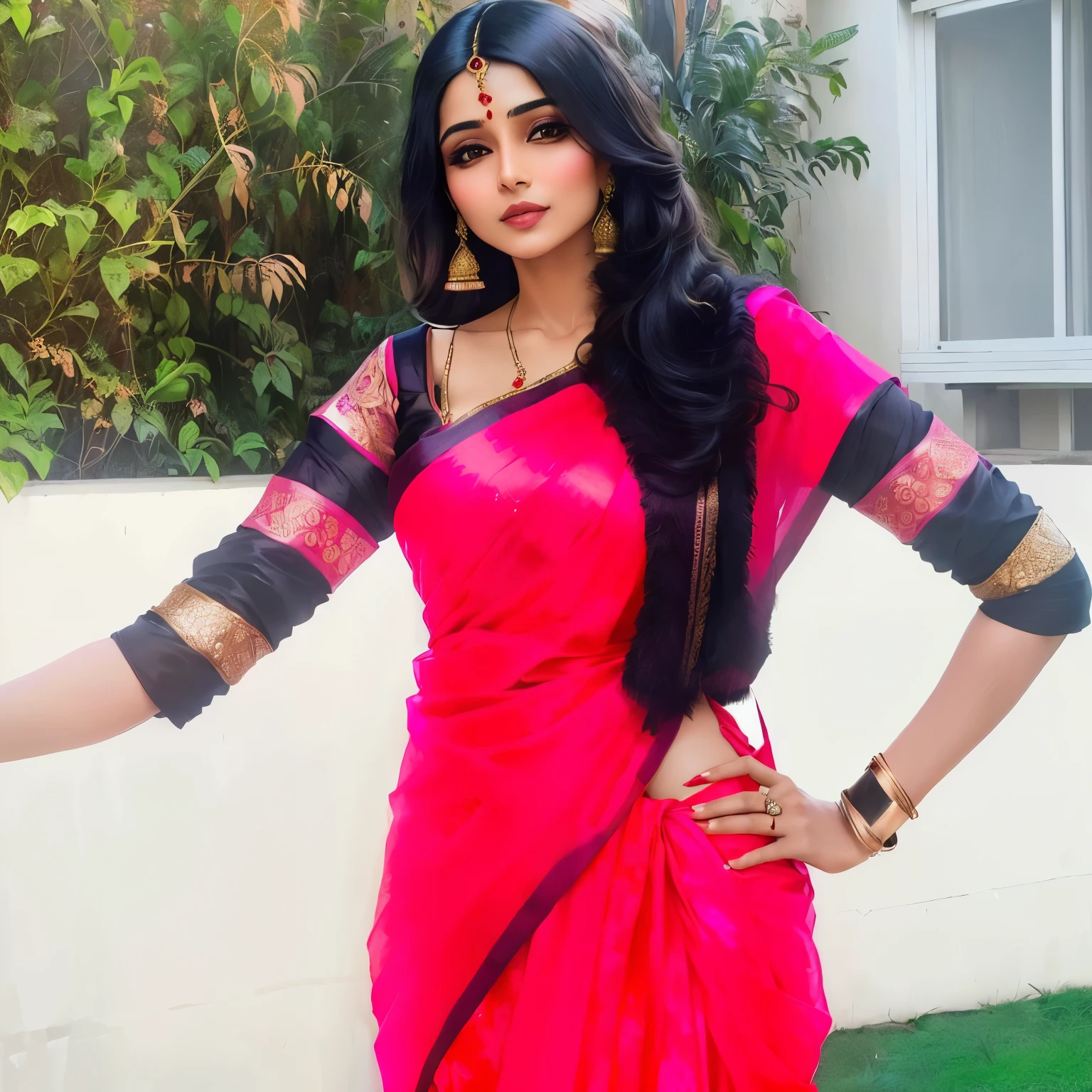 a woman in a pink sari posing for a picture, dressed in a sari, stylish pose, traditional beauty, wearing a steampunk sari, wearing a sari, wearing an elegant tribal outfit, inspired by T. K. Padmini, doing an elegant pose, black and red silk clothing, indian, dressed with long fluent clothes, very extremely beautiful, wearing sari, background is heavenly