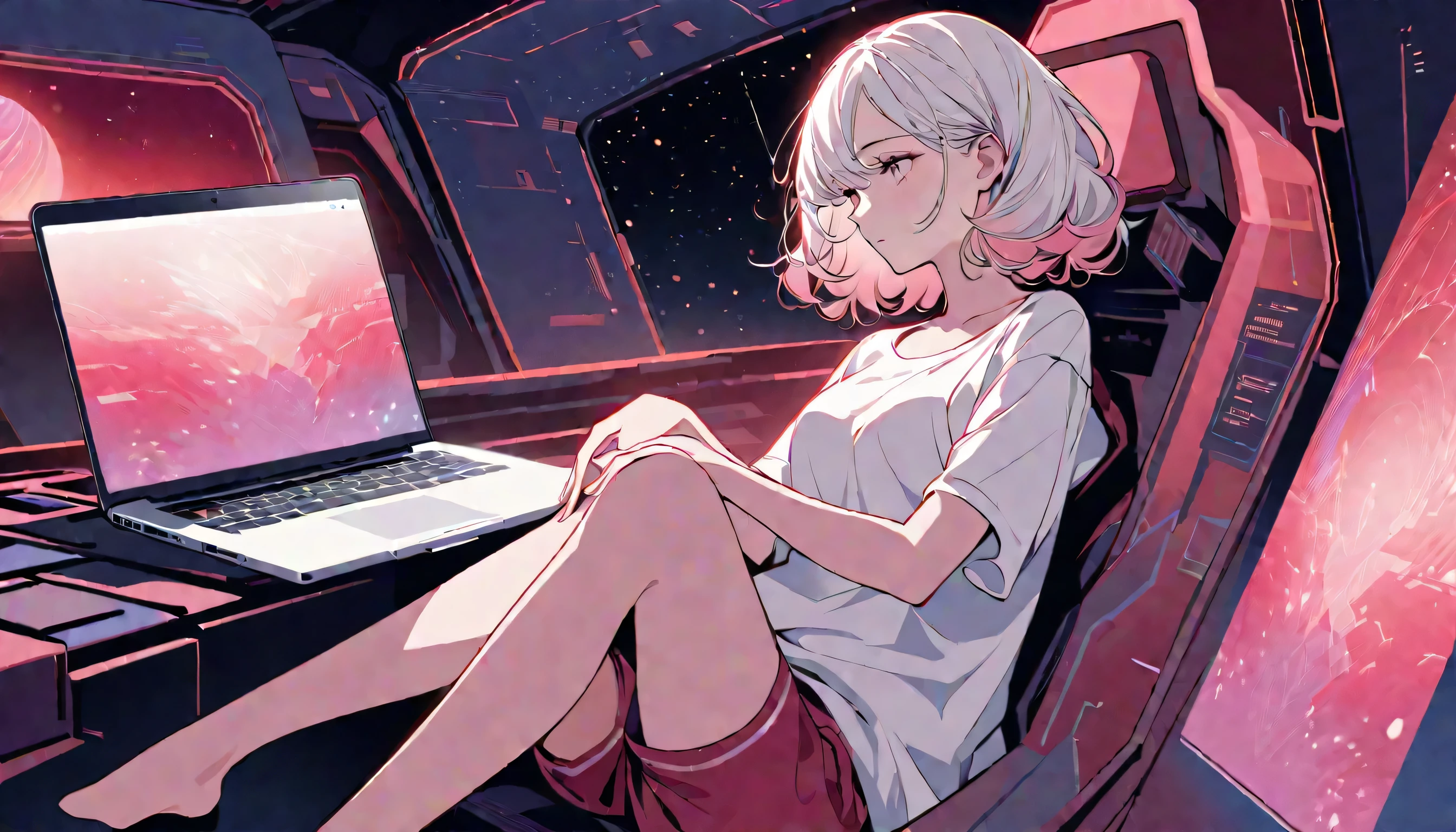 Create a digital anime illustration in rosy hues, featuring a beautiful woman with long white hair sitting inside a spaceship journeying through the cosmos. Her graceful posture exudes nonchalance, with one leg casually crossed over the control panel and a laptop resting on her lap as she works diligently. Outside the viewport, a reddish-pink planet shimmers, adding depth and mystery to the scene. Her lovely face portrays a mix of contemplation and focus as she immerses herself in her work. She is clad in a loose-fitting red and white t-shirt and crimson shorts. The illustration should convey a sense of calm concentration and feminine allure.