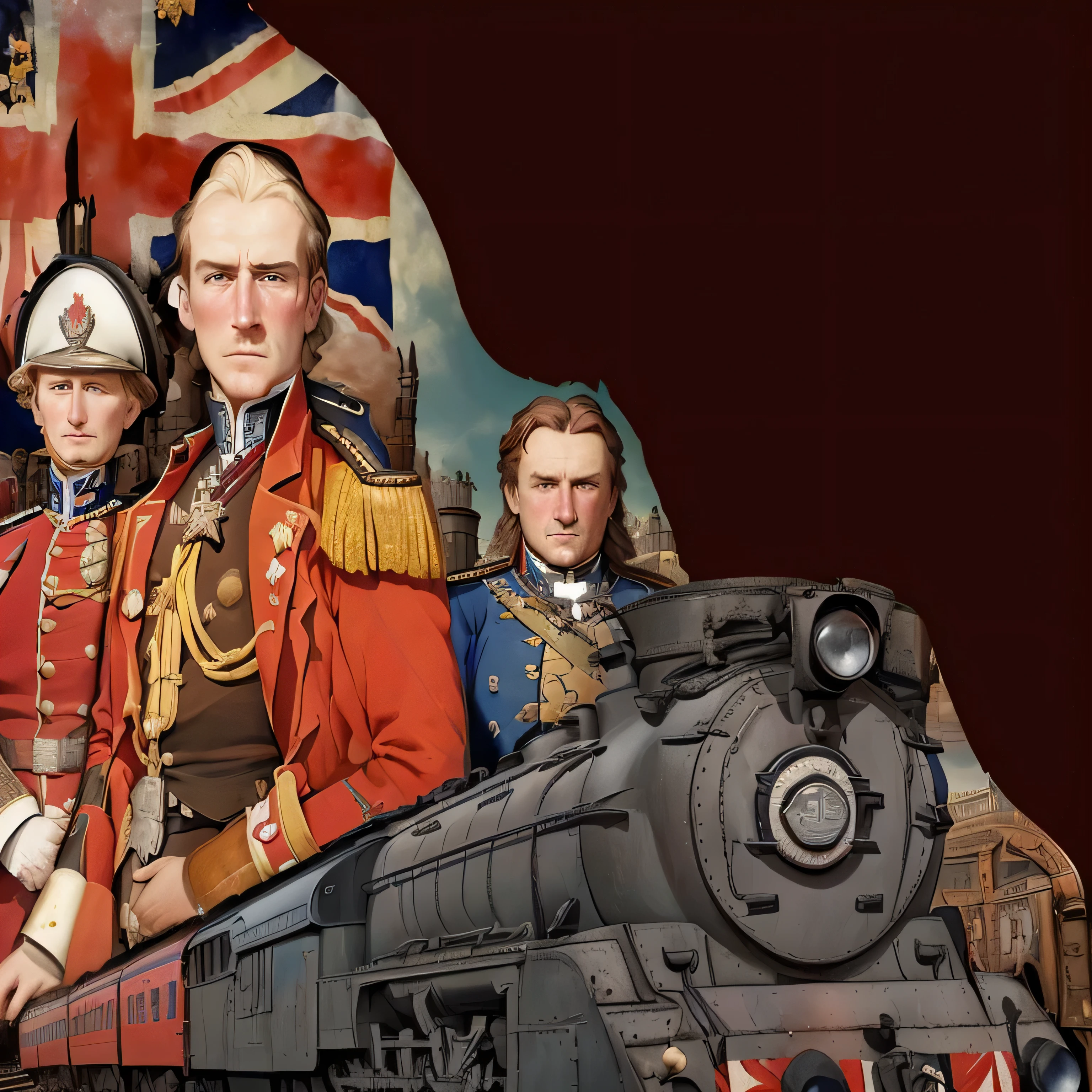 a close up of a cartoon of a train with a british flag, hearts of iron portrait style, hearts of iron portrait, historically accurate, europa universalis iv, inspired by Ford Madox Brown, bbc promotional artwork, promotional art, napoleonic wars, board game cover art, wallpaper!, rule britannia, inspired by George Cruikshank, victoriana, colonial expedition