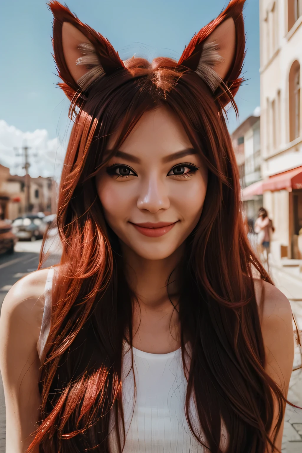 red long hairwince, longeyelashes, solid circle eyes, fake animal ears, light smile, ear blush, fang, ccurate, Surrealism, drop shadow, anaglyph, stereogram, tachi-e, pov, atmospheric perspective, 8k, super detail, best quality