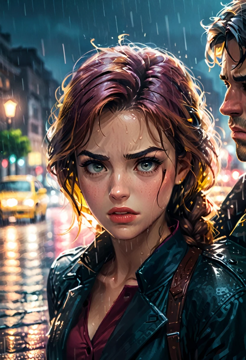 On a rainy night on the street, a woman faces her boyfriend head-on with anger and pain on her face. Her expression seems to be breaking with his infidelity. The background is a city night, a rainy street, (contempt, disgust, shaded face, looking at viewer, frown), close-up, cinematic still, emotional, harmonious, vignette, 4k epic detailed, shot on kodak, 35mm photo, sharp focus, high budget, cinemascope, moody, epic, gorgeous, film grain, grainy, bright colors, highly detailed, sharp focus, intricate, cinematic light, elegant, confident, rich, animated, background composed, vivid, very coherent, shiny, excellent composition, dynamic, ambient dramatic color, beautiful, epic, stunning, (masterpiece, best quality, Professional, perfect composition, very aesthetic, absurdres, ultra-detailed, intricate details:1.3)