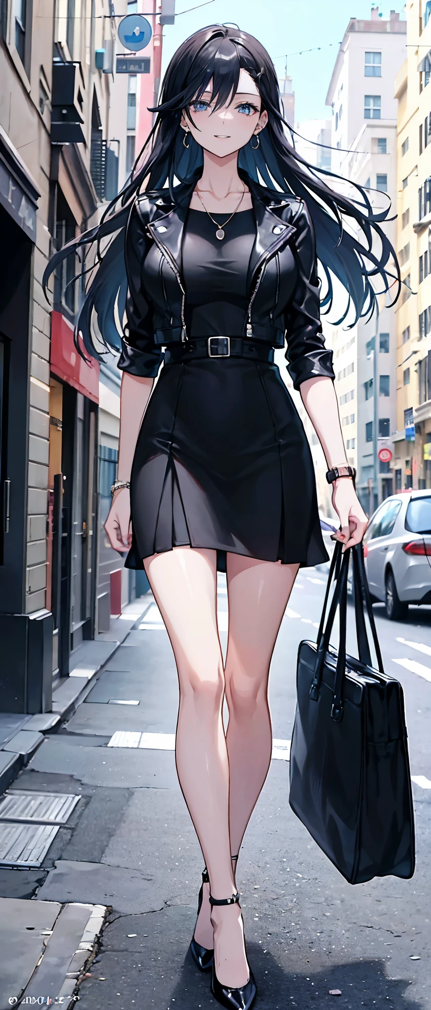 High resolution, high resolution,2D Anime Style,,Cool woman,Mature look,,Beautiful thighs,20th Generation,Black Long Hair,Blue Eyes,Beautiful watch,Beautiful earrings,Beautiful necklace,Casual Fashion,leather jacket,She wore a dress that revealed her shoulders.,He is smiling a little,whole body,Walking around the city,
