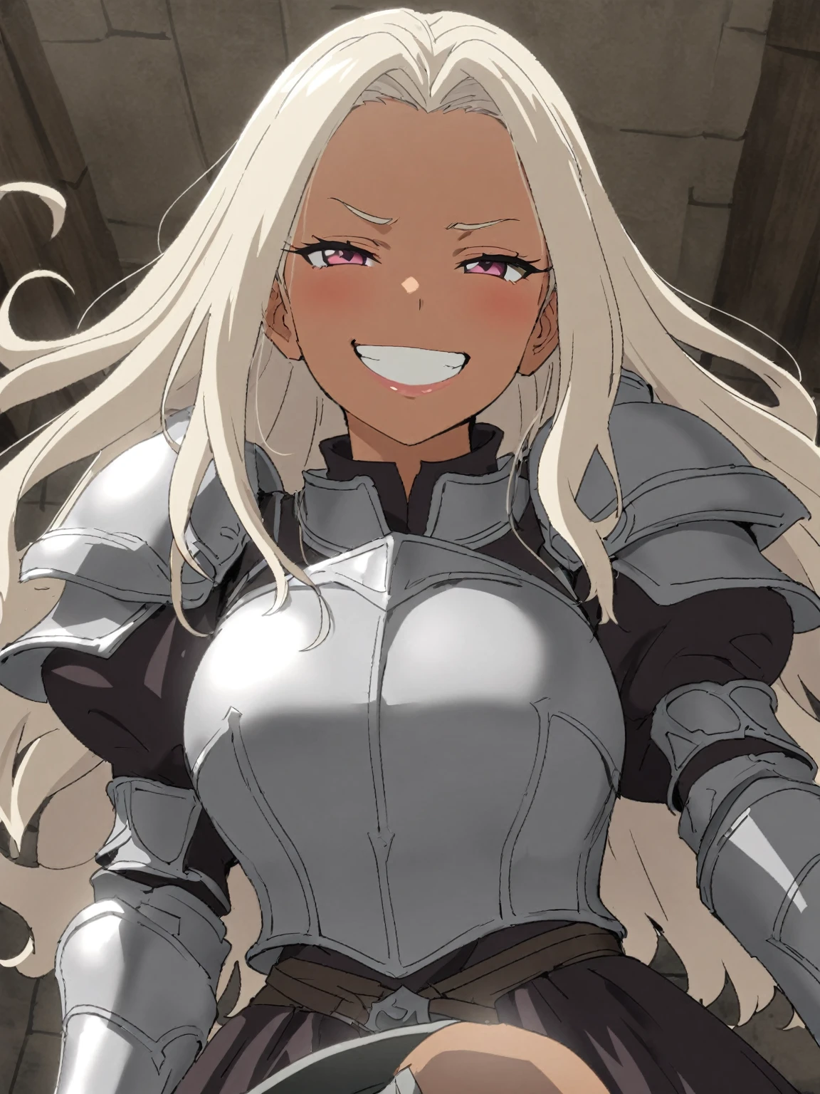 {{upper body, dutch angle}} {{Artist: sincos}}1girl, solo, bleached hair, open forehead, long hair, grin, dark skin, wink, pink eyes, large breasts, smug, black armored dress, mature female, silver armor, juliet sleeves, long sleeves, lips, shoulder armor, pov, medieval fantasy.